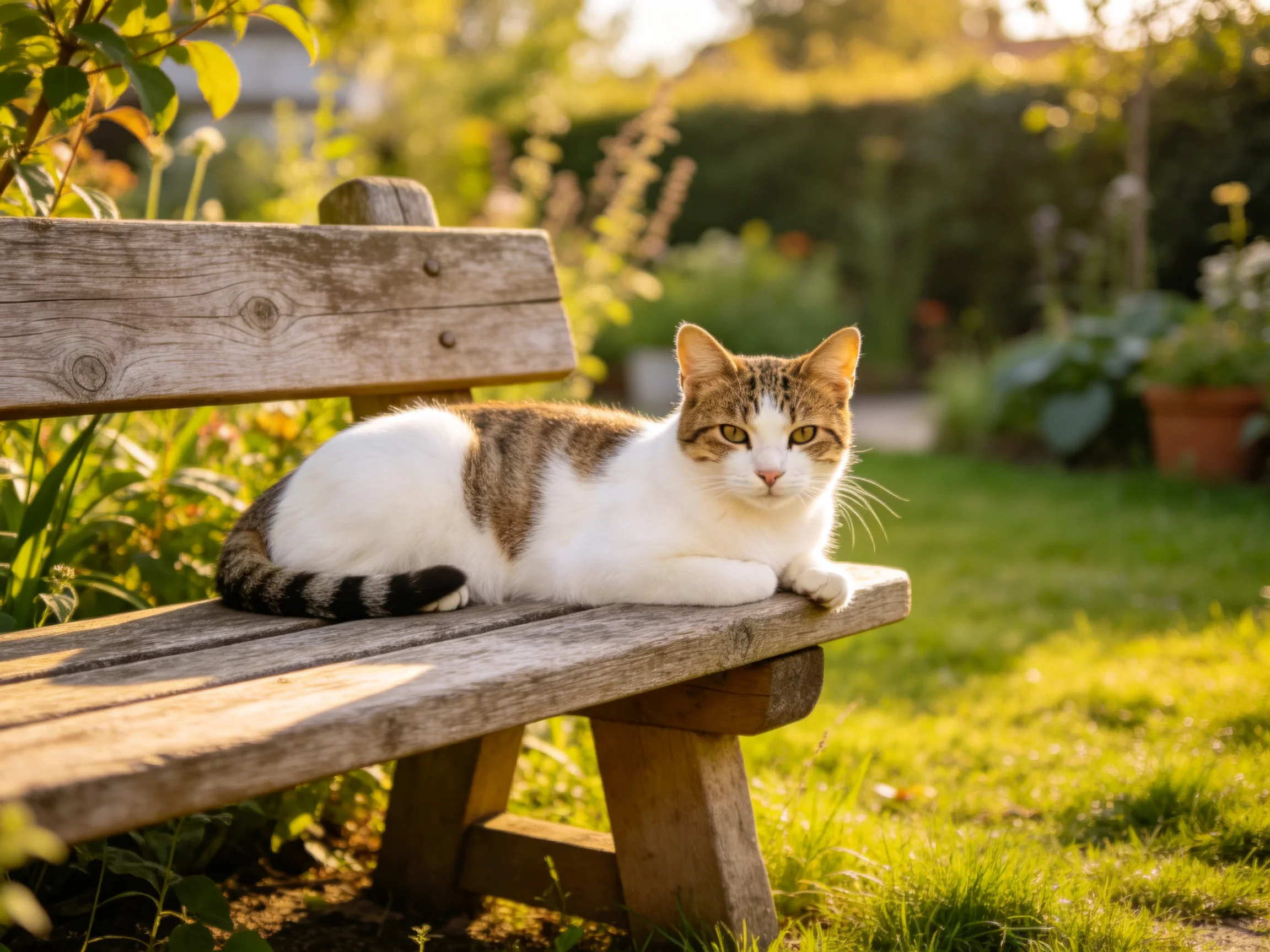 A white and brown cat rests on a weathered wooden bench in a sunlit garden