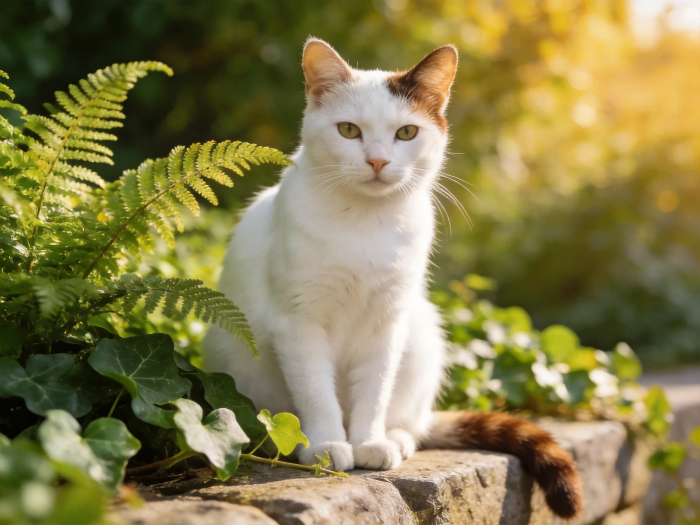 A white and brown cat sits near ferns and ivy on a stone ledge in bright sunlight.