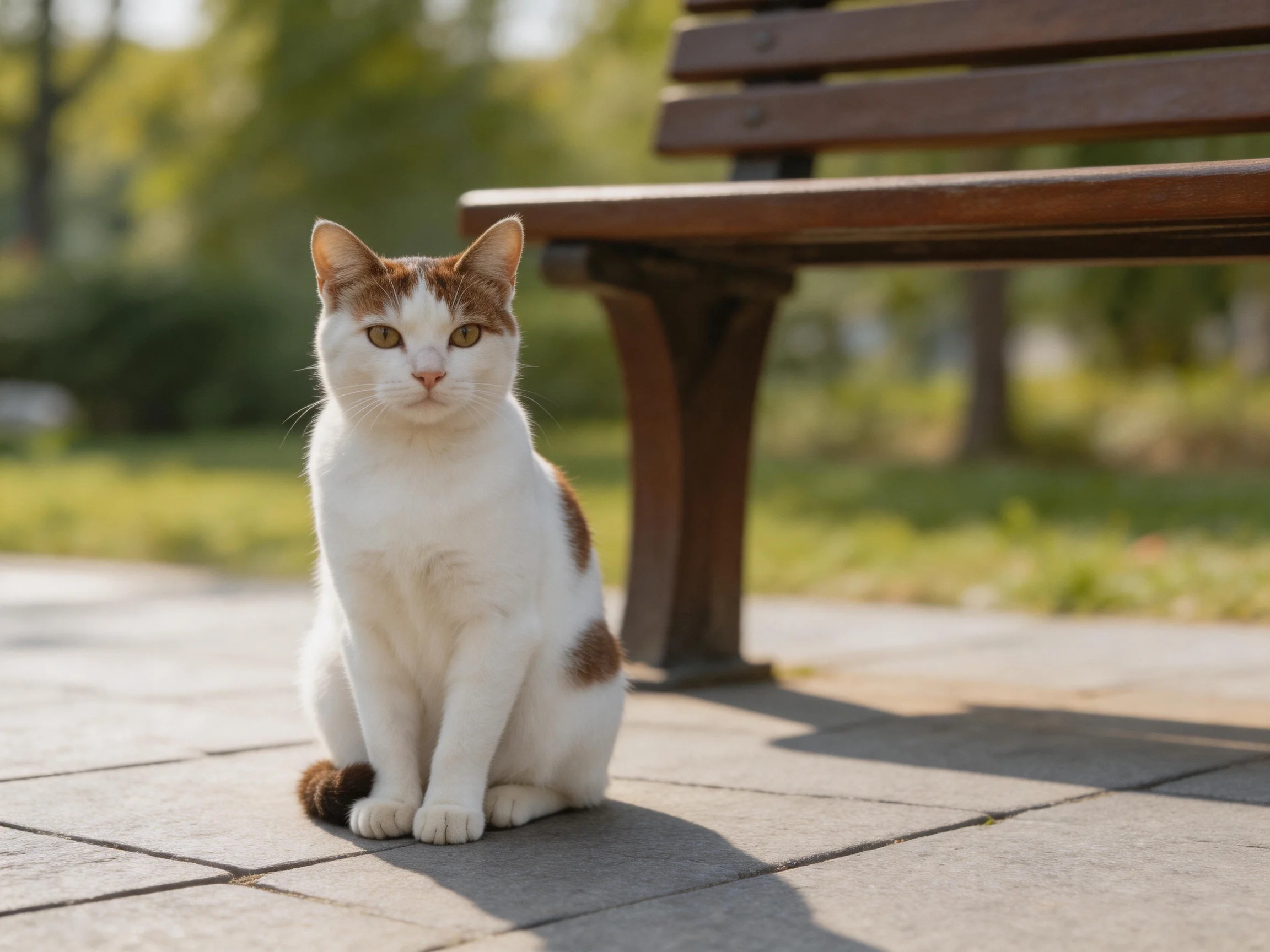 A white and brown cat sits beside a wooden park bench