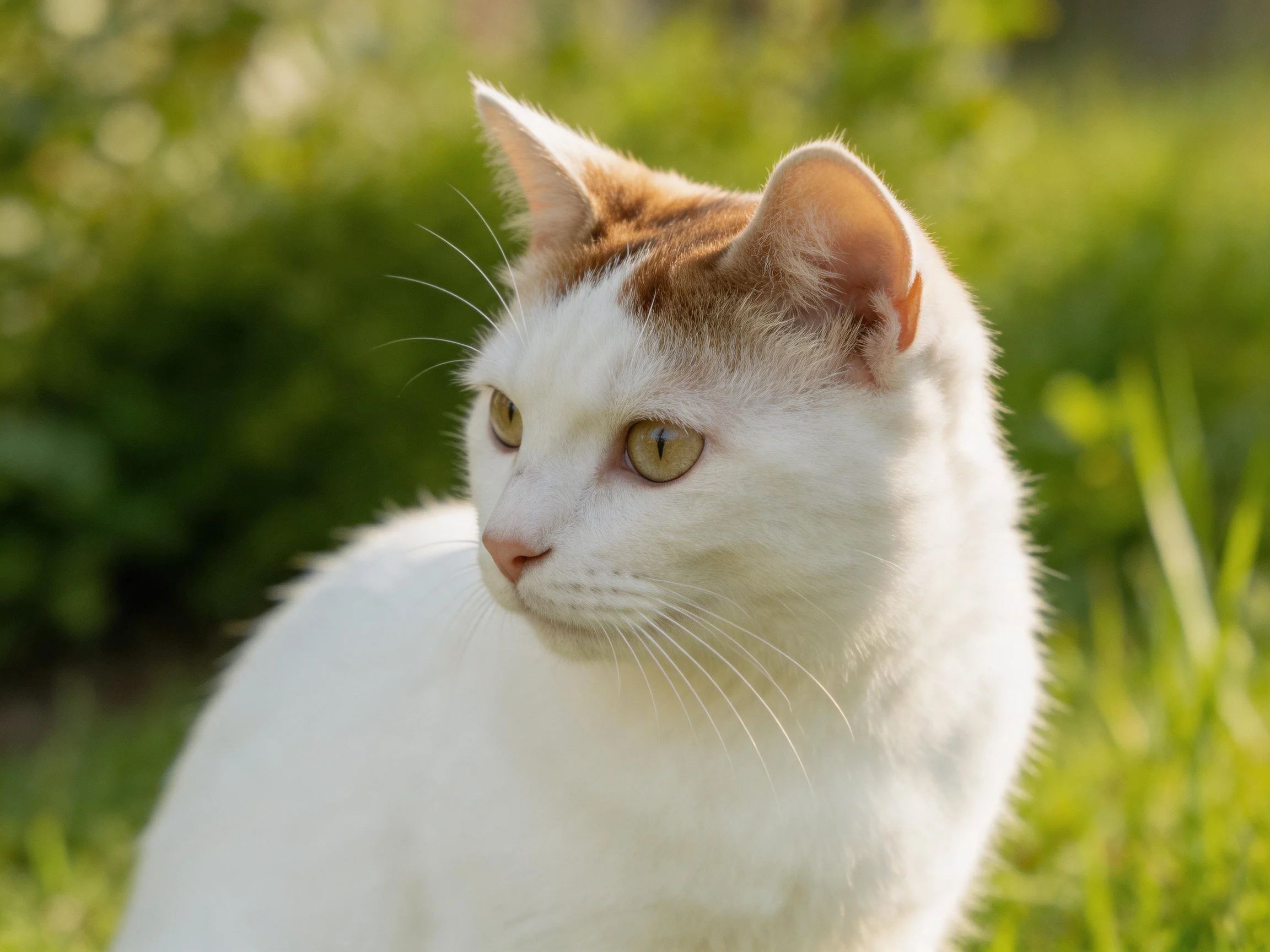 A white and brown cat sits in a sun-drenched garden