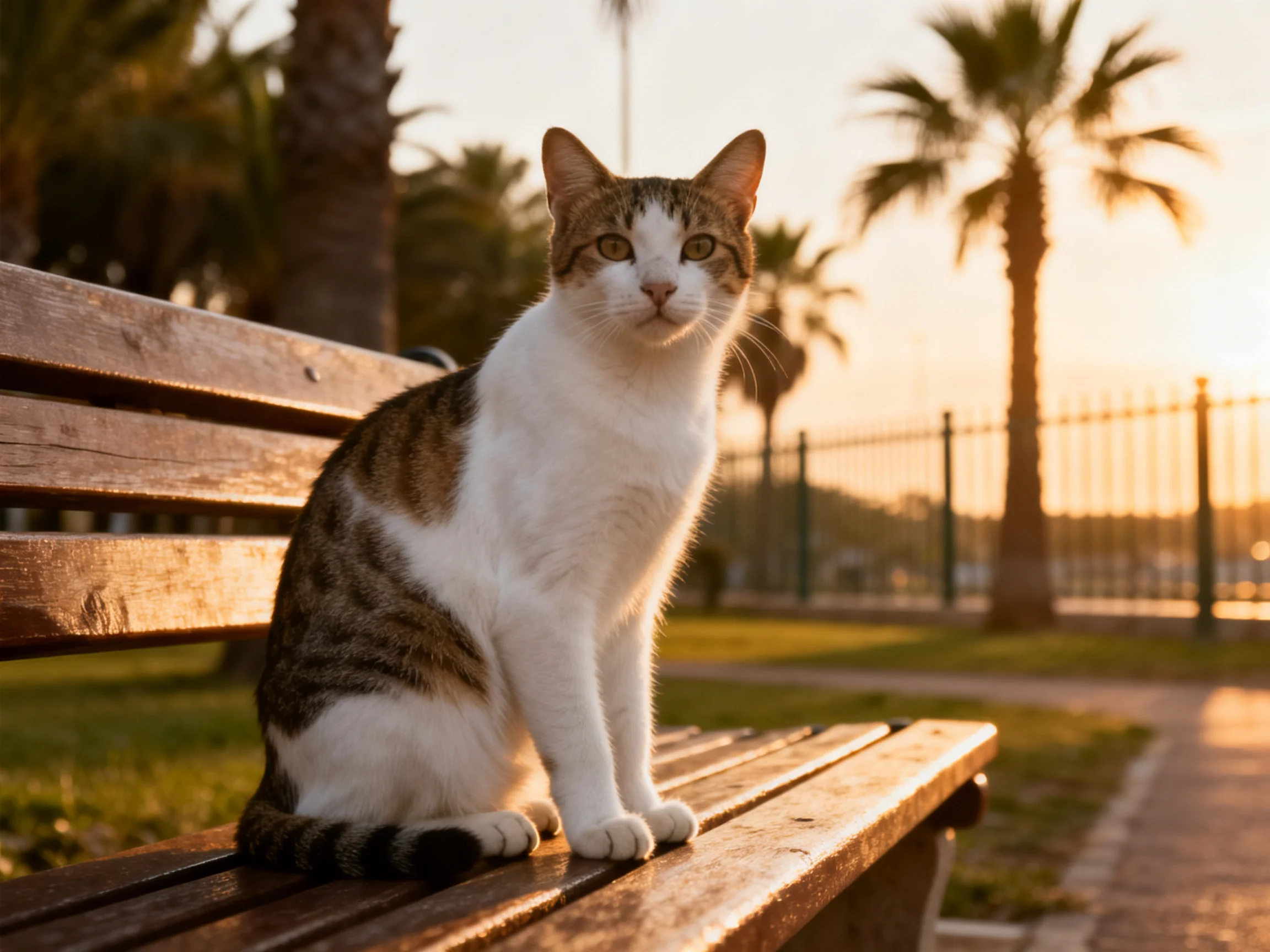 A white and brown cat sits on a wooden park bench at sunset