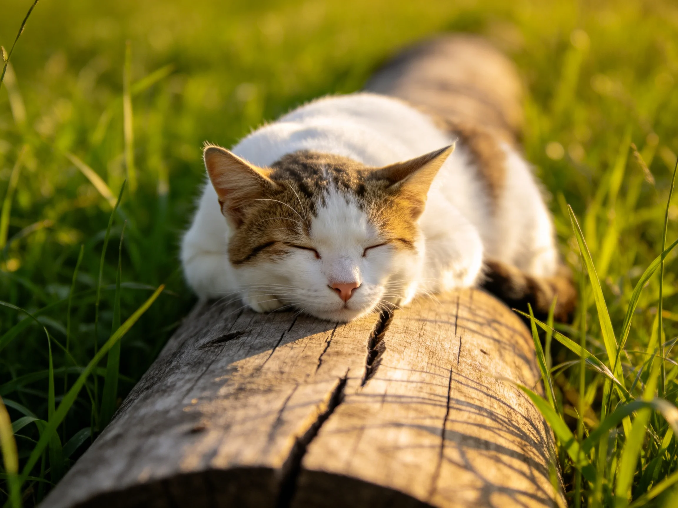 A white and brown cat sleeps on a weathered wooden log in sunny grass
