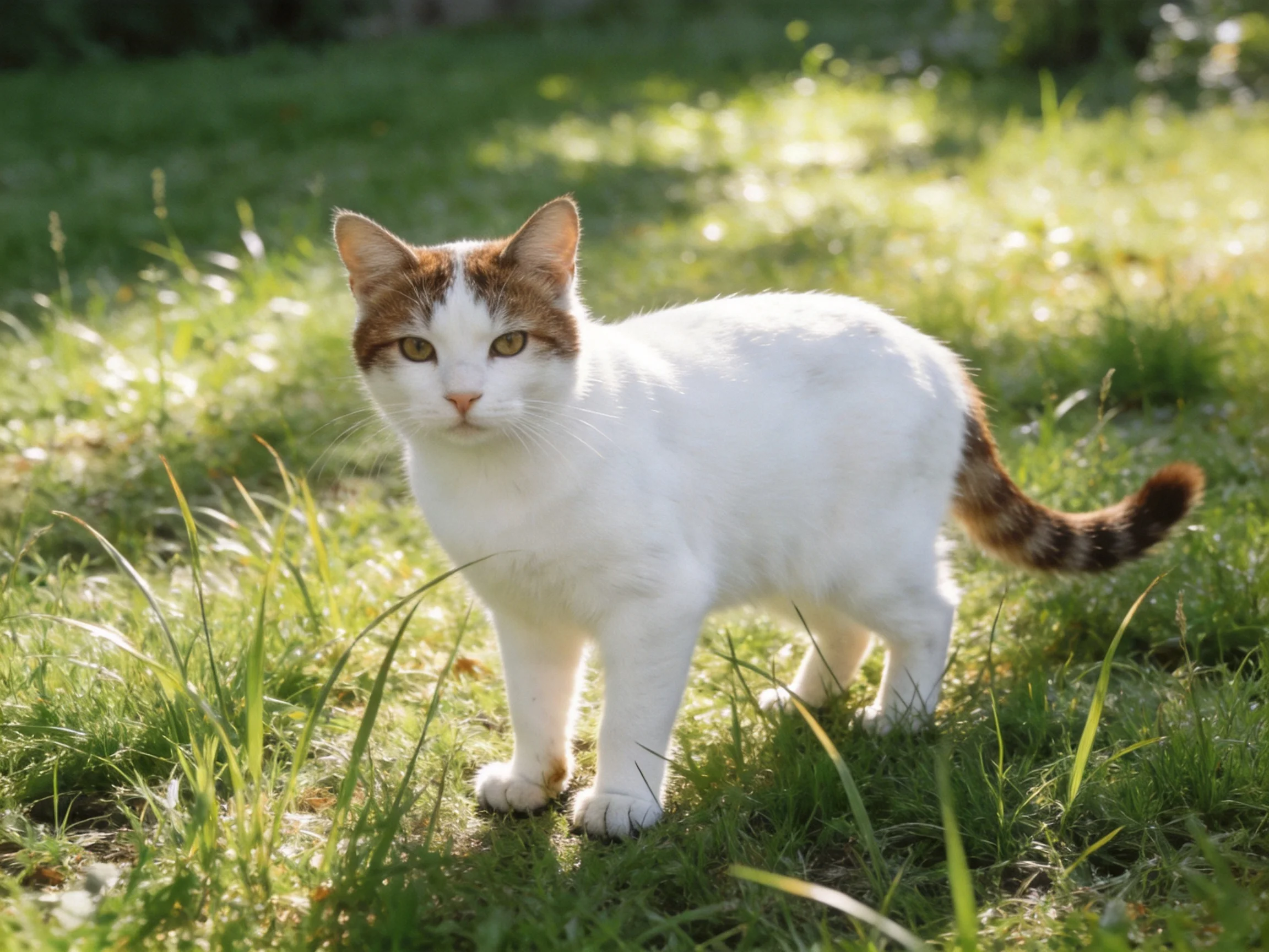 A white and brown cat stands on grass in a sunlit outdoor area.
