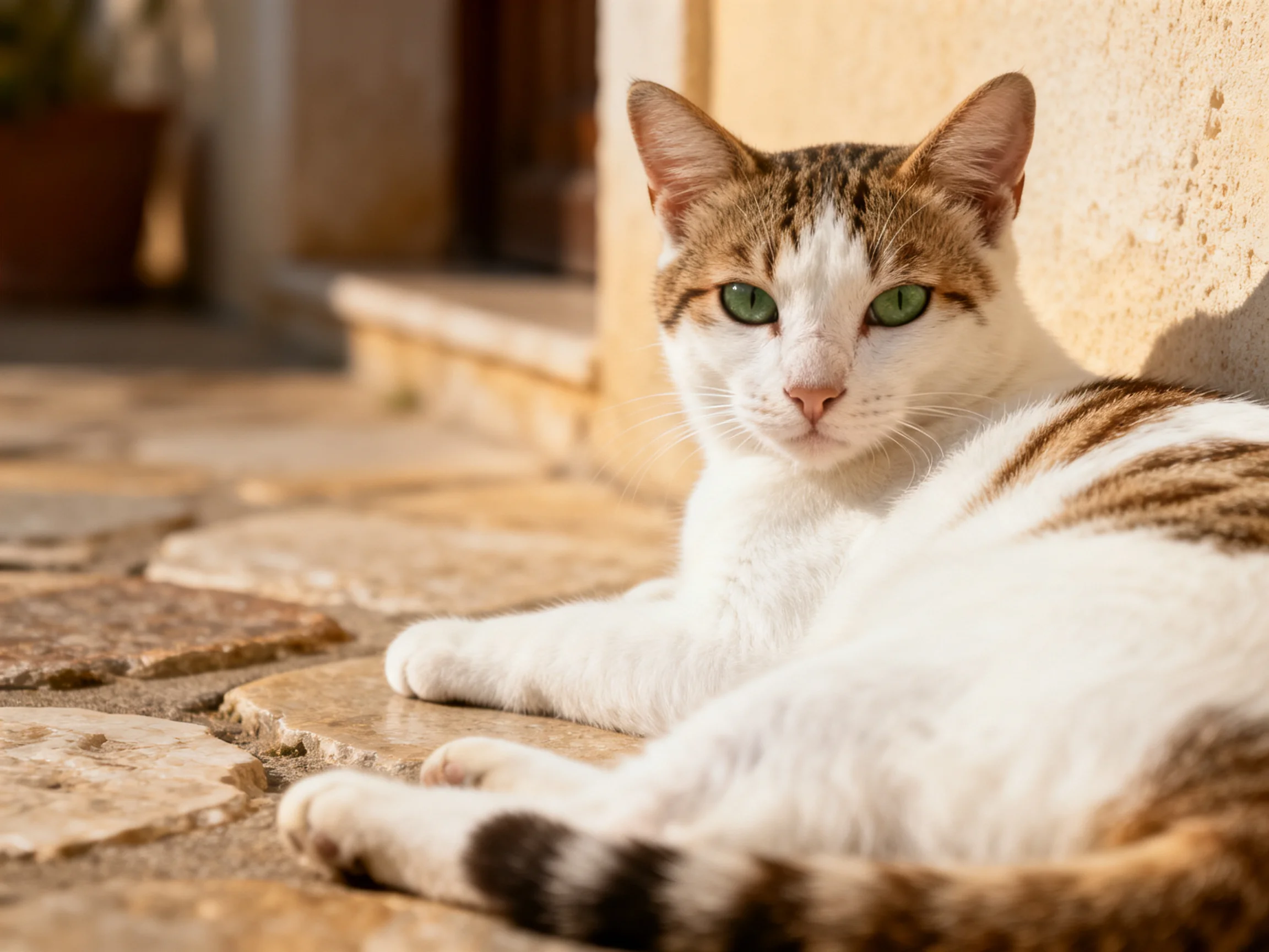 A white and brown tabby cat relaxes on stone pavement beside a building
