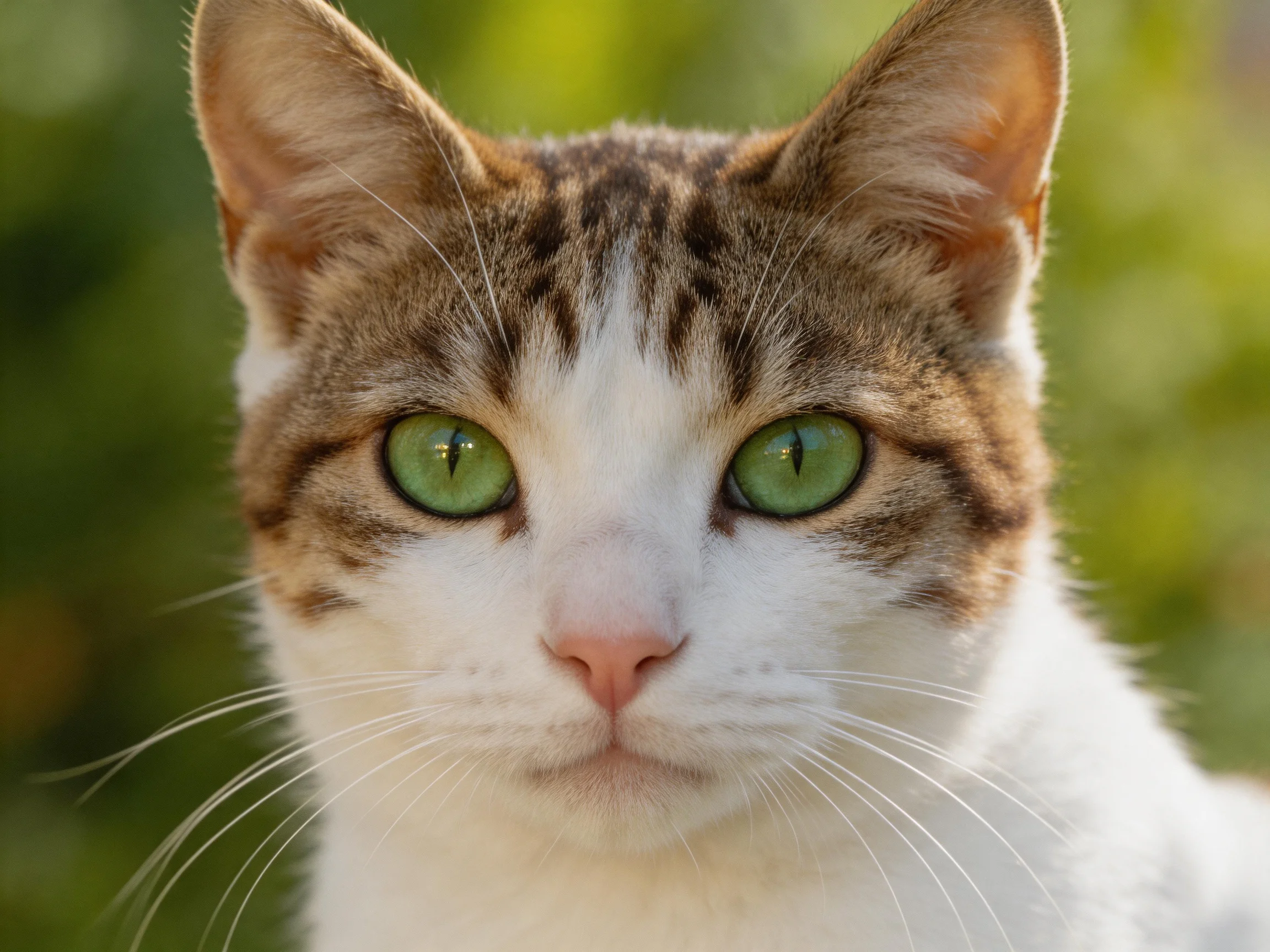 A white and brown tabby cat with bright green eyes looks directly at the viewer.