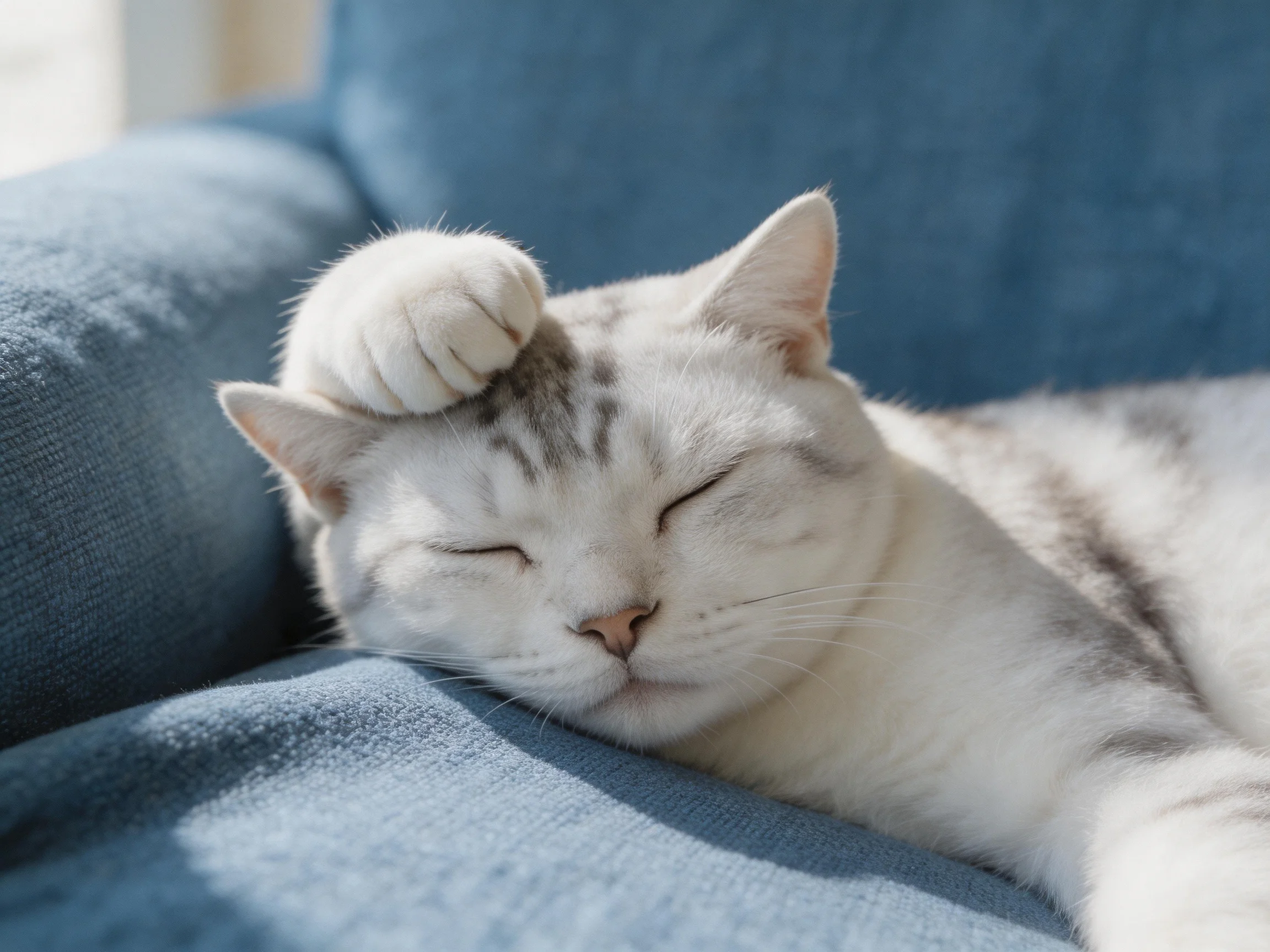 A white and gray cat sleeps peacefully on a blue couch