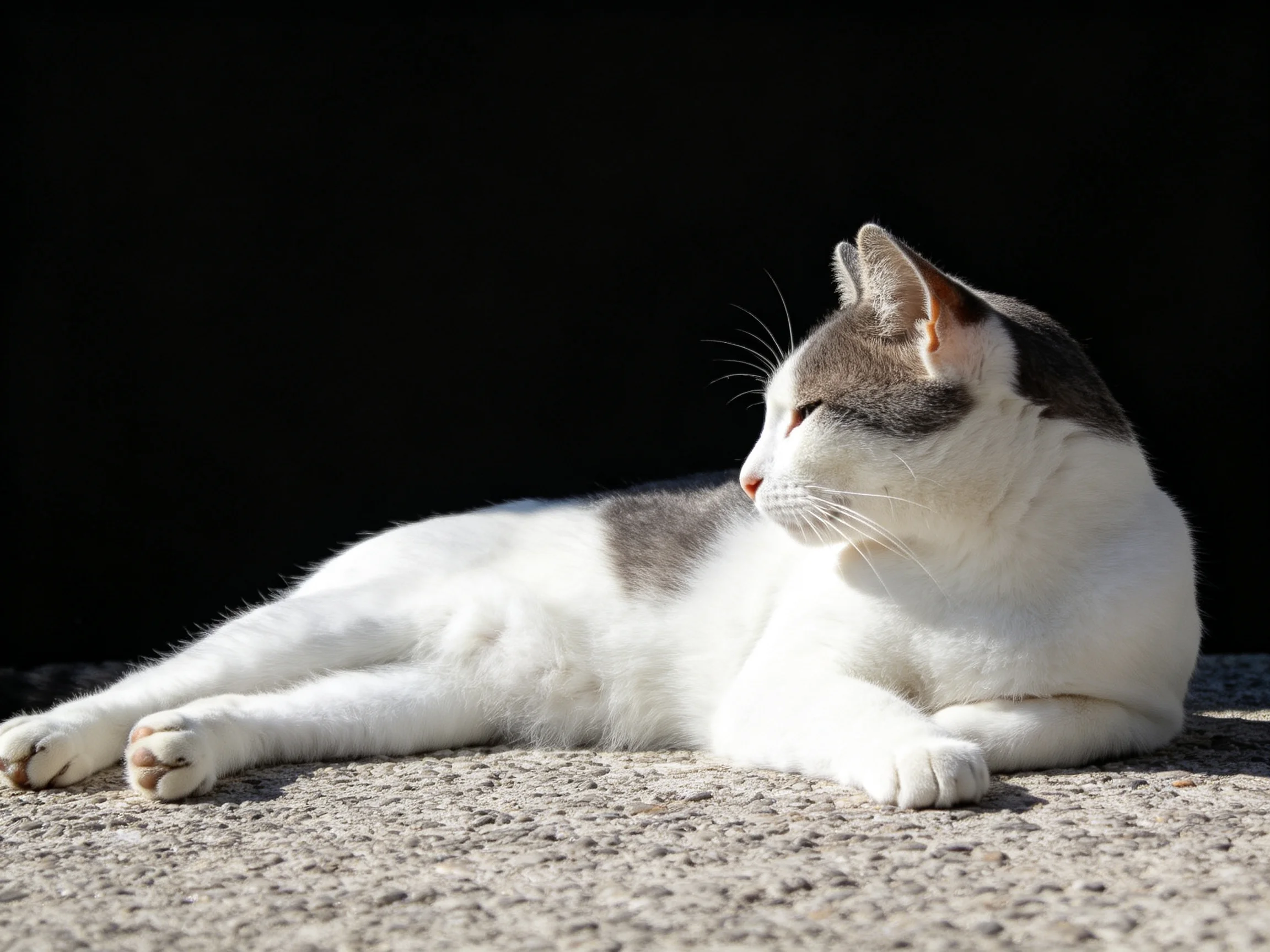 A white and gray cat lounges on a textured surface with a dark backdrop