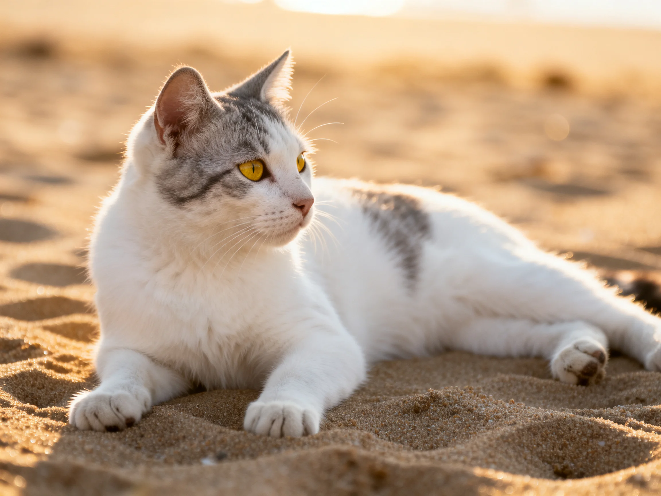 A white and gray cat relaxes on sandy terrain under warm sunlight.