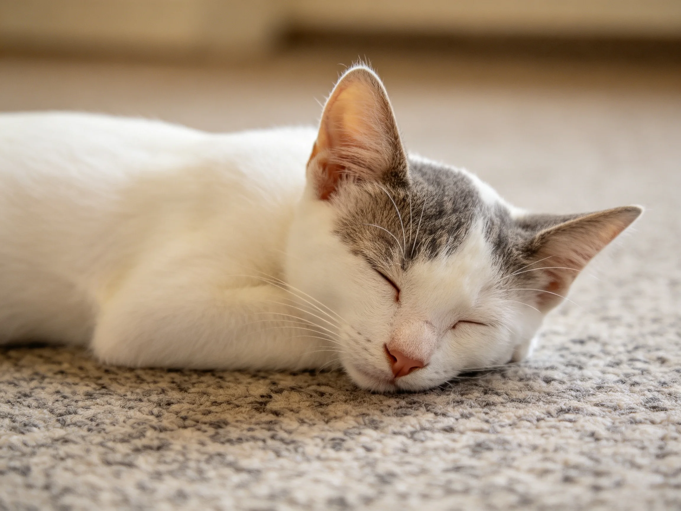 A white and gray cat peacefully sleeps on a speckled carpet