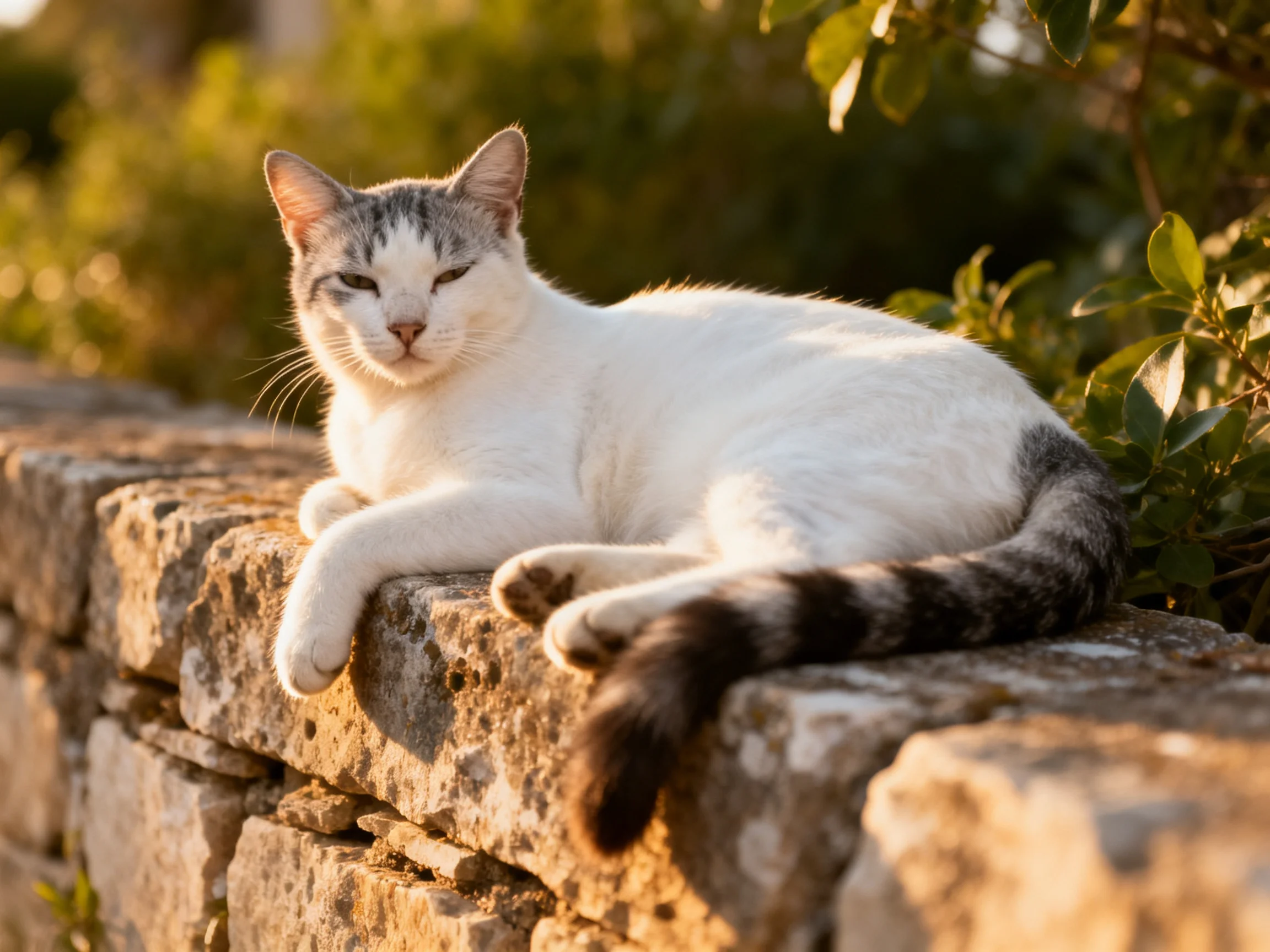 A white and gray cat relaxes on a weathered stone wall with greenery nearby