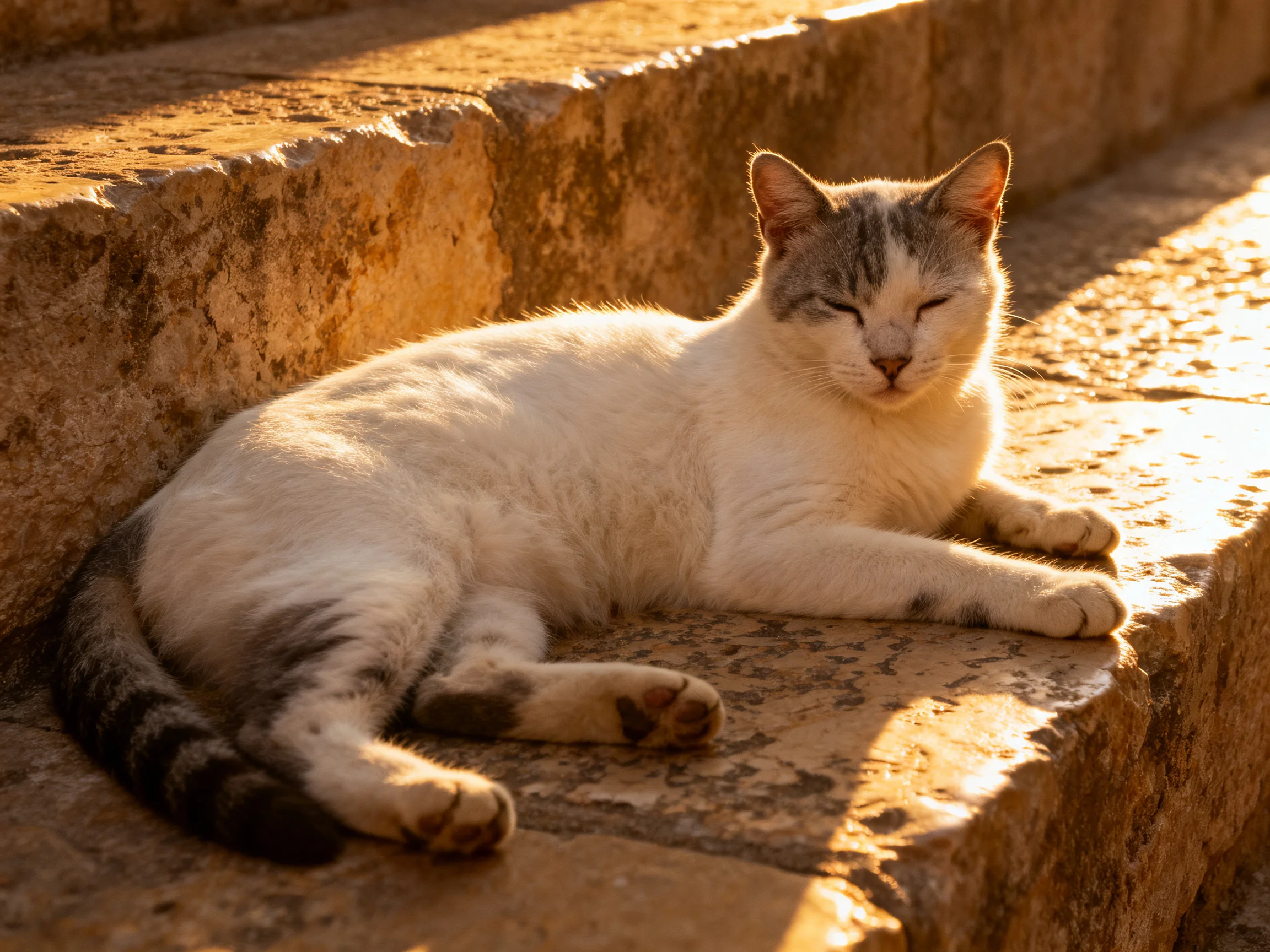 A white and gray cat relaxes on aged stone steps in golden sunlight