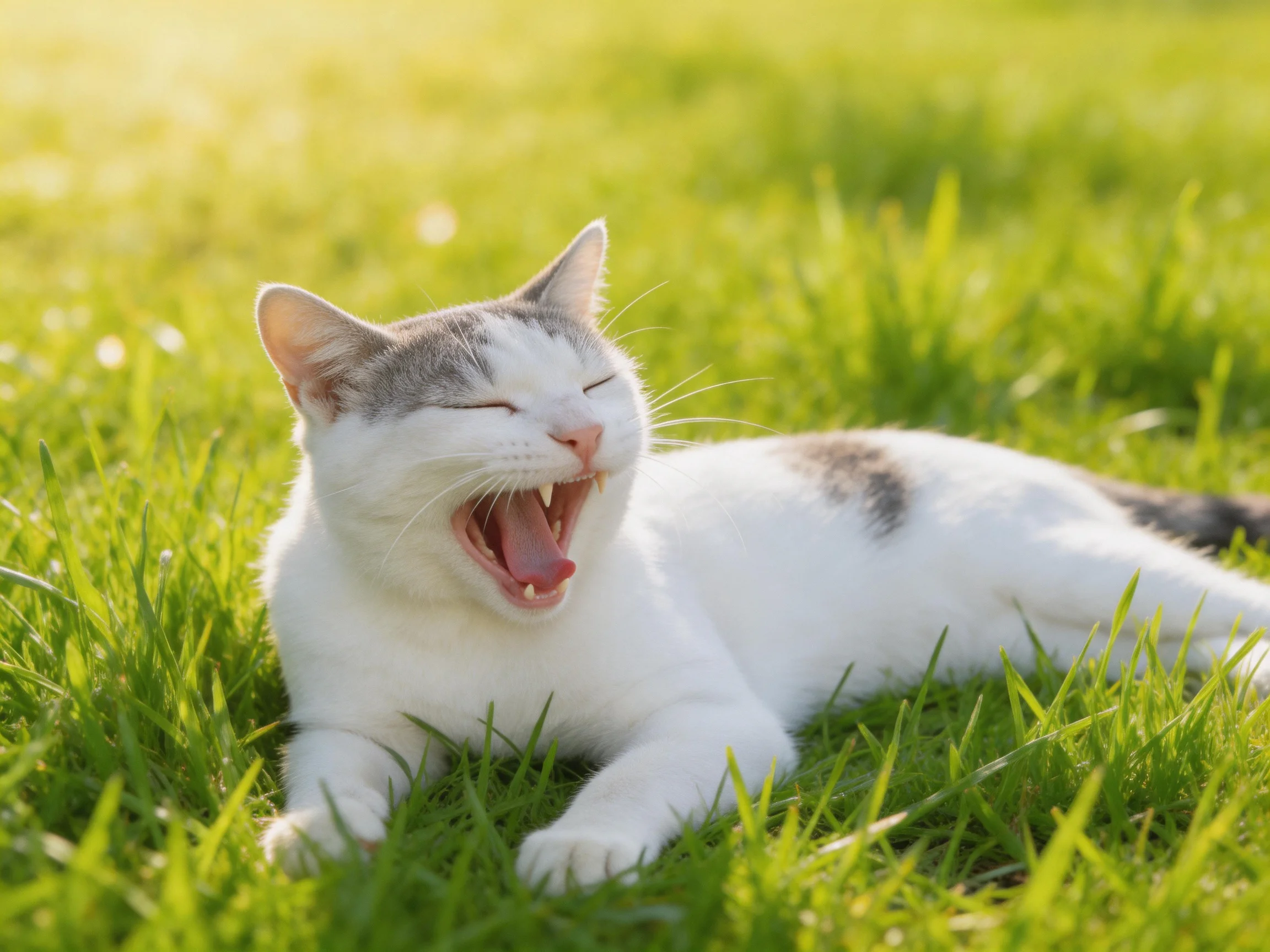 A white and gray cat yawns happily on green grass in a sunny setting.