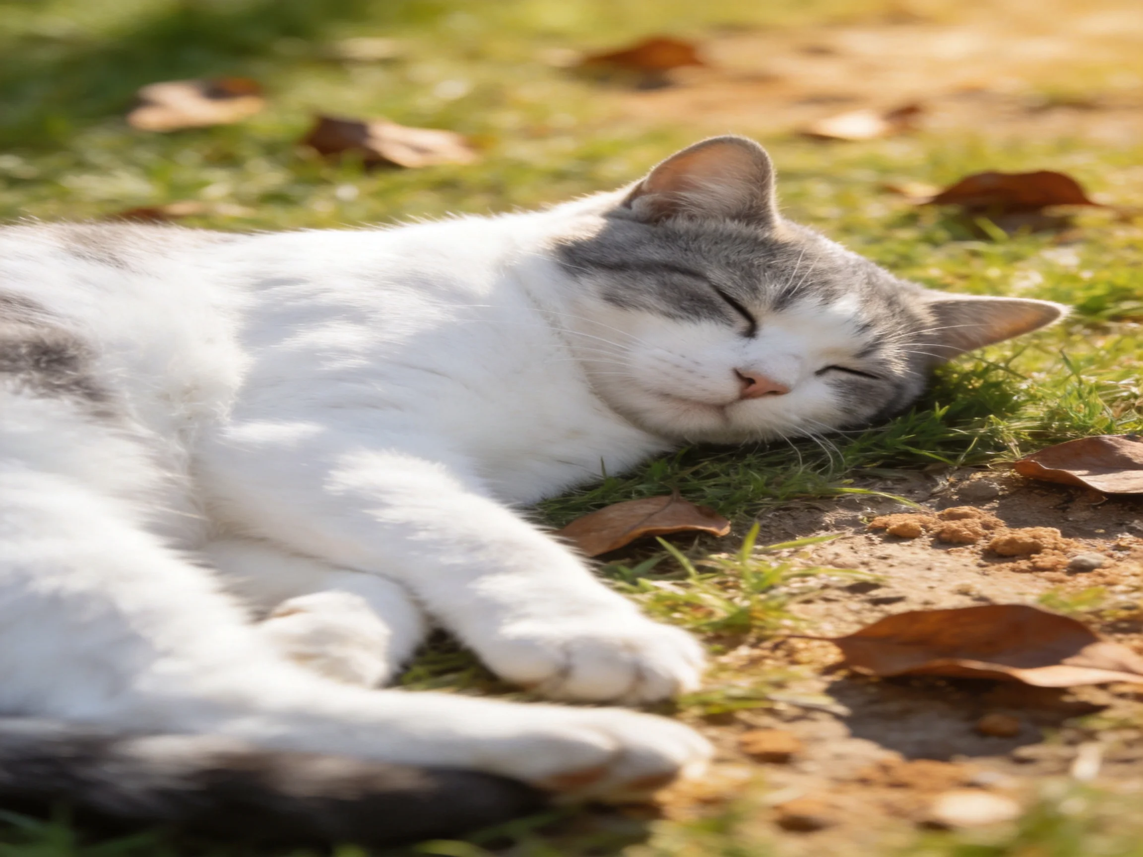 A white and gray cat sleeps on sunlit grass near scattered brown leaves.