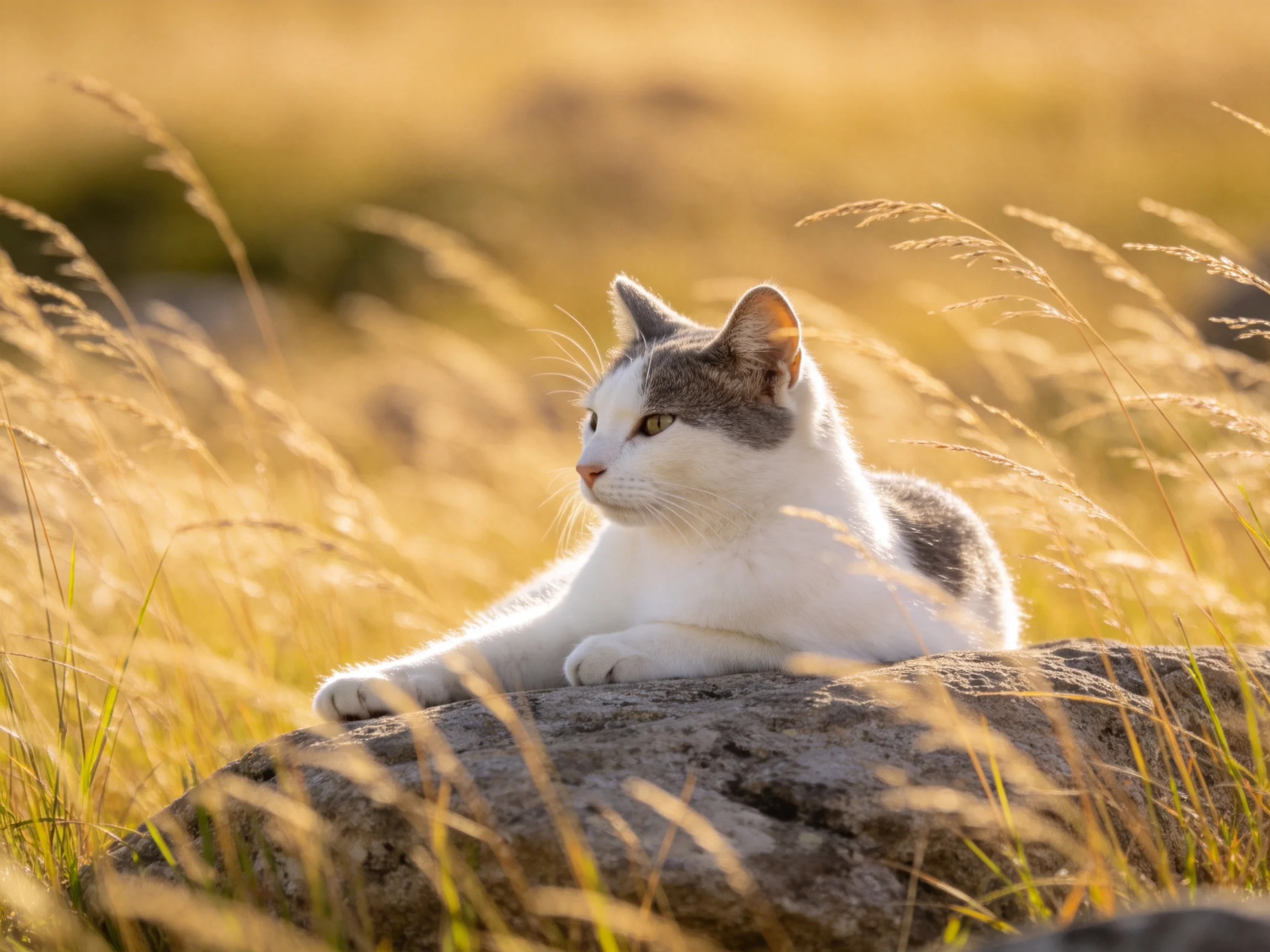 A white and gray cat rests on a rock amid golden grasses