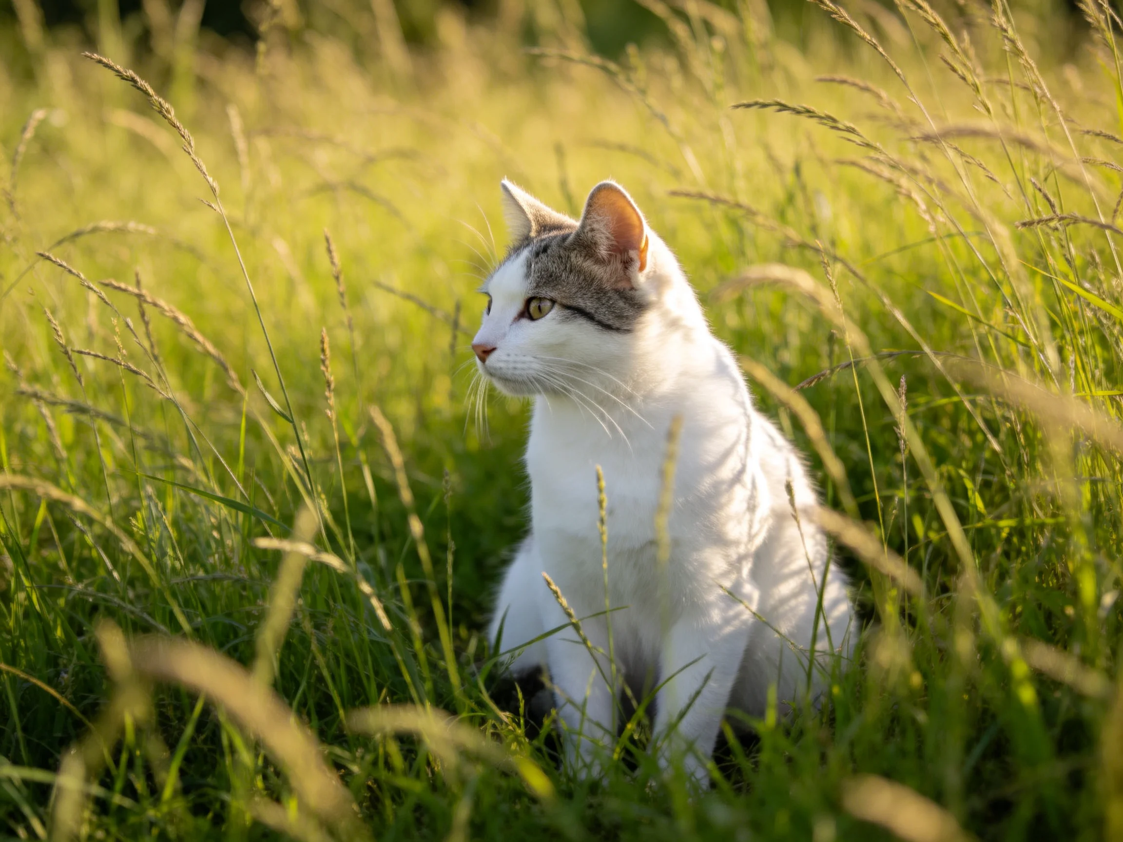A white and gray cat rests in a sunlit field of tall grass.
