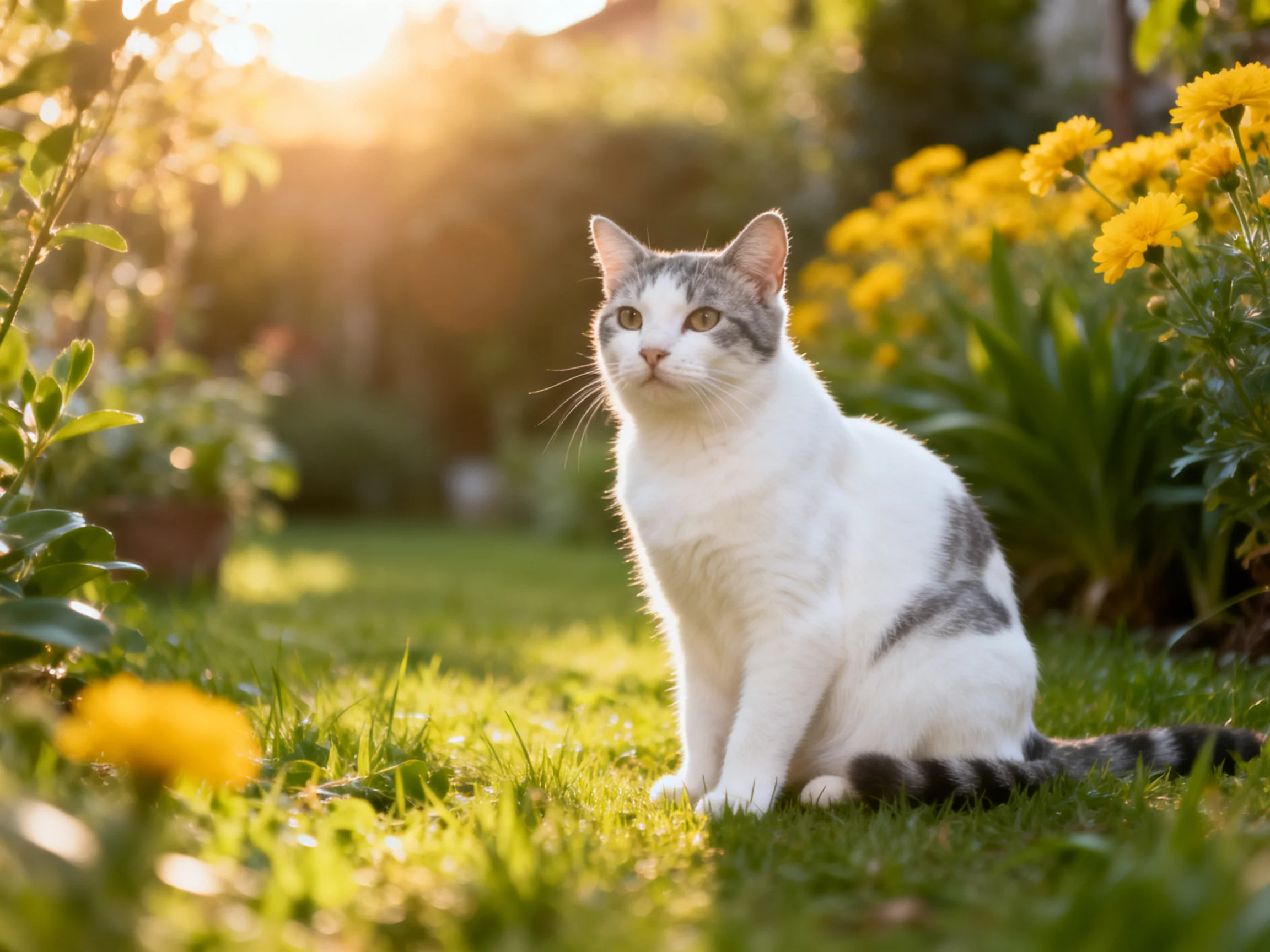 A white and gray cat rests in a sunlit garden with yellow blooms.