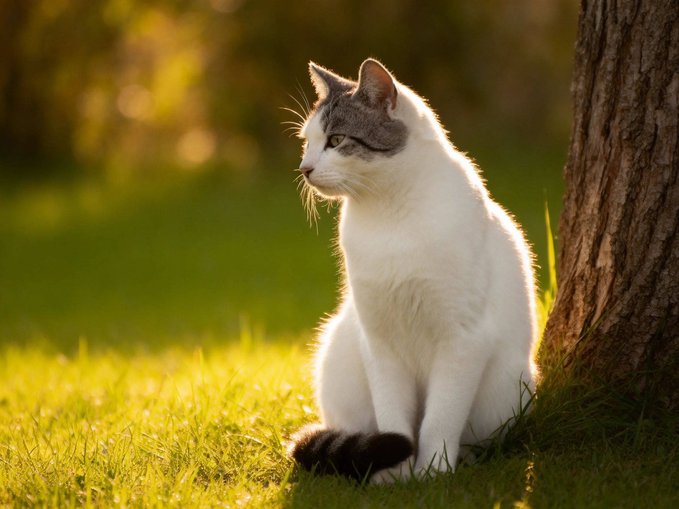 A white and gray cat sits peacefully next to a tree in a sunlit outdoor setting.