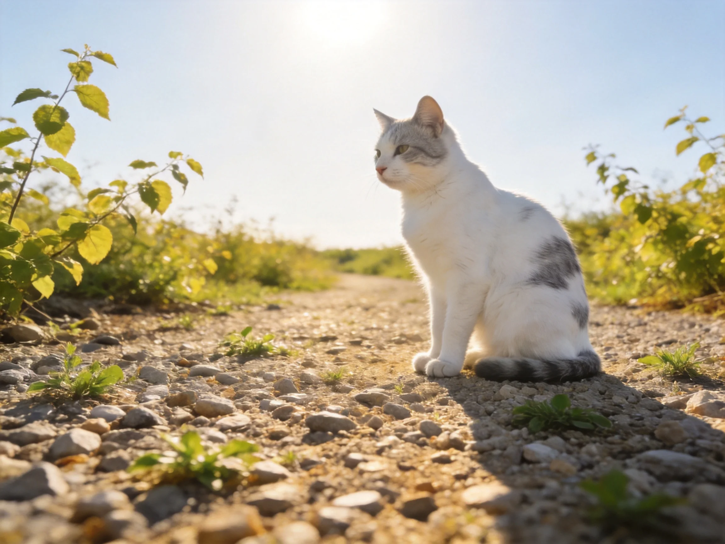 A white and gray cat sits on a gravel path amid greenery under bright sunlight