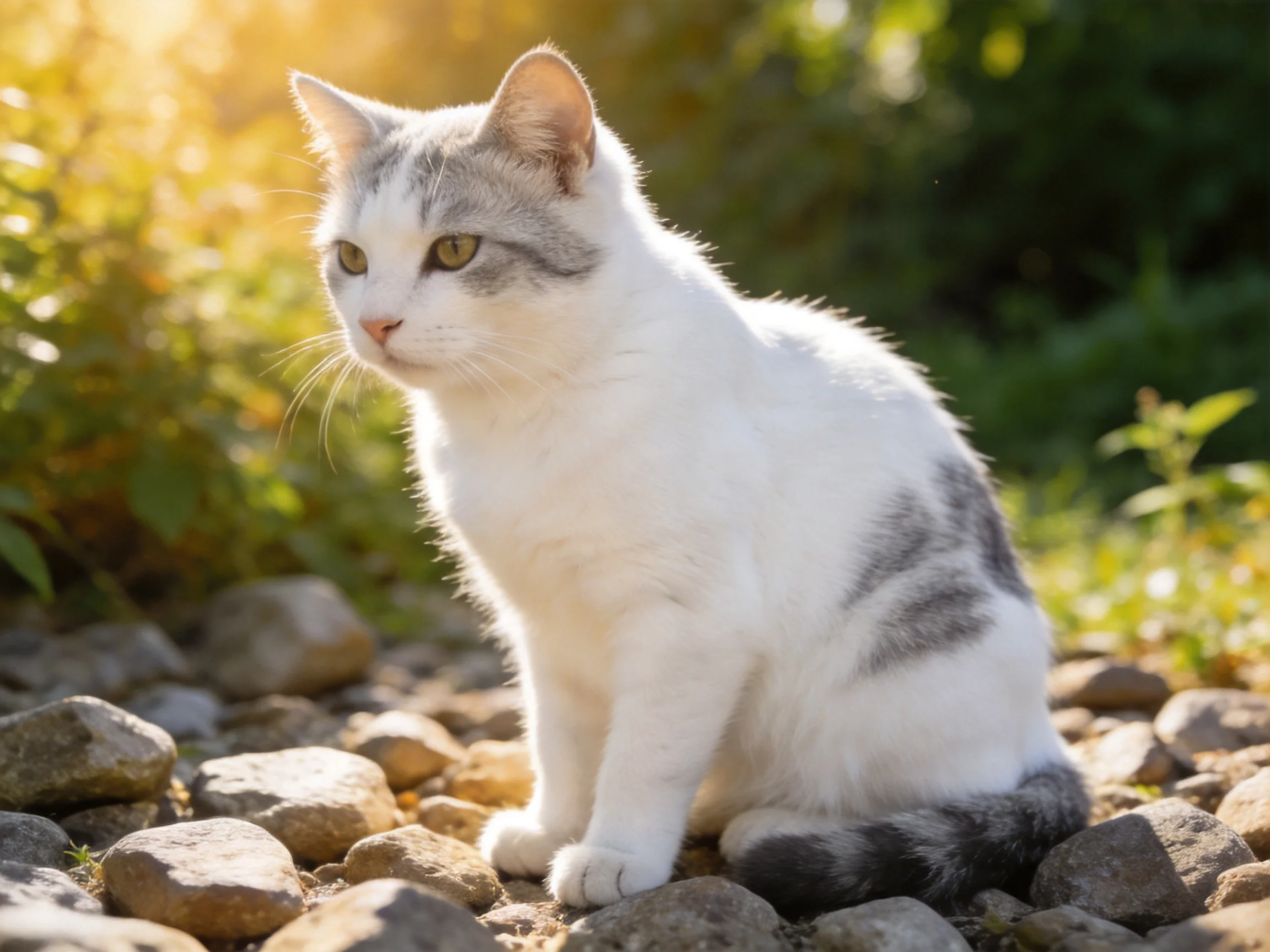 A white and gray cat sits on smooth stones in a sunlit garden