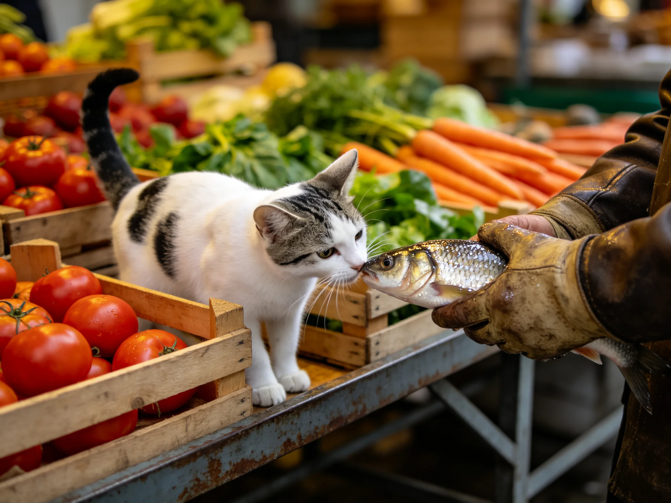 A white and gray cat sniffs a fish among colorful market vegetables