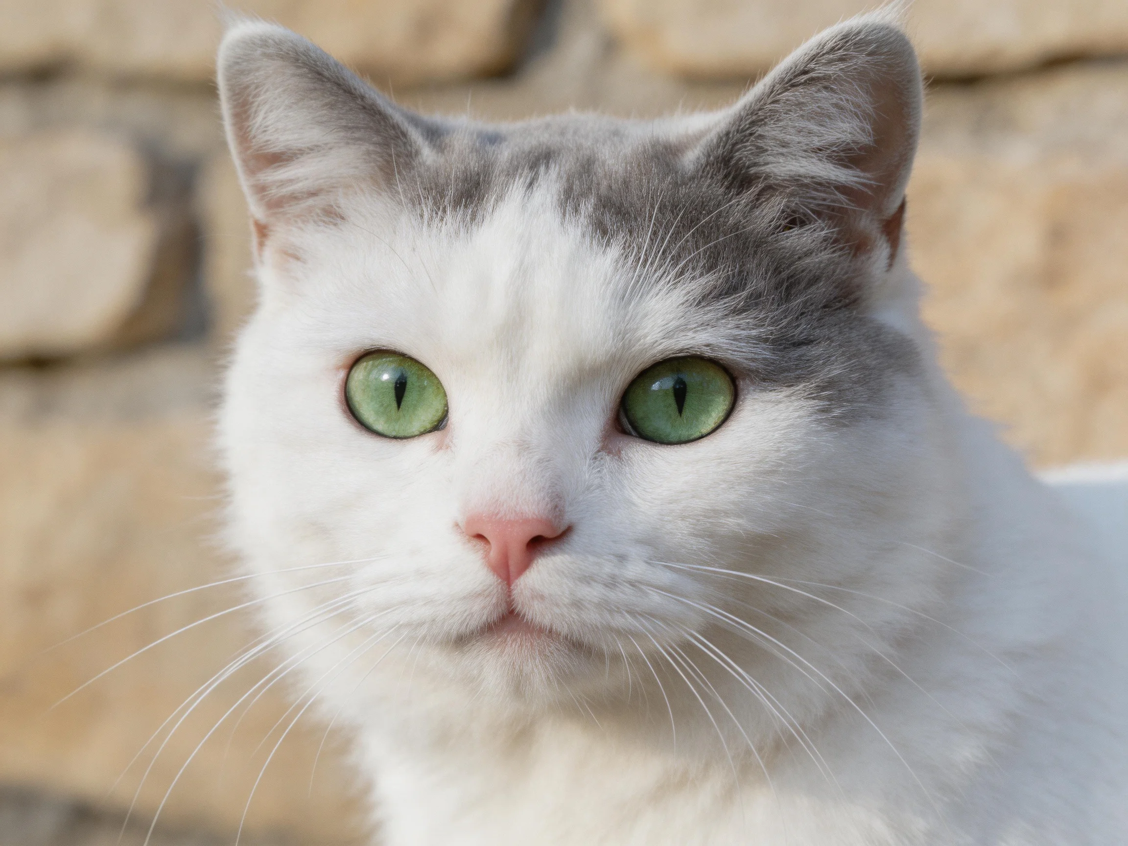 A white and gray cat with green eyes is near a stone wall.