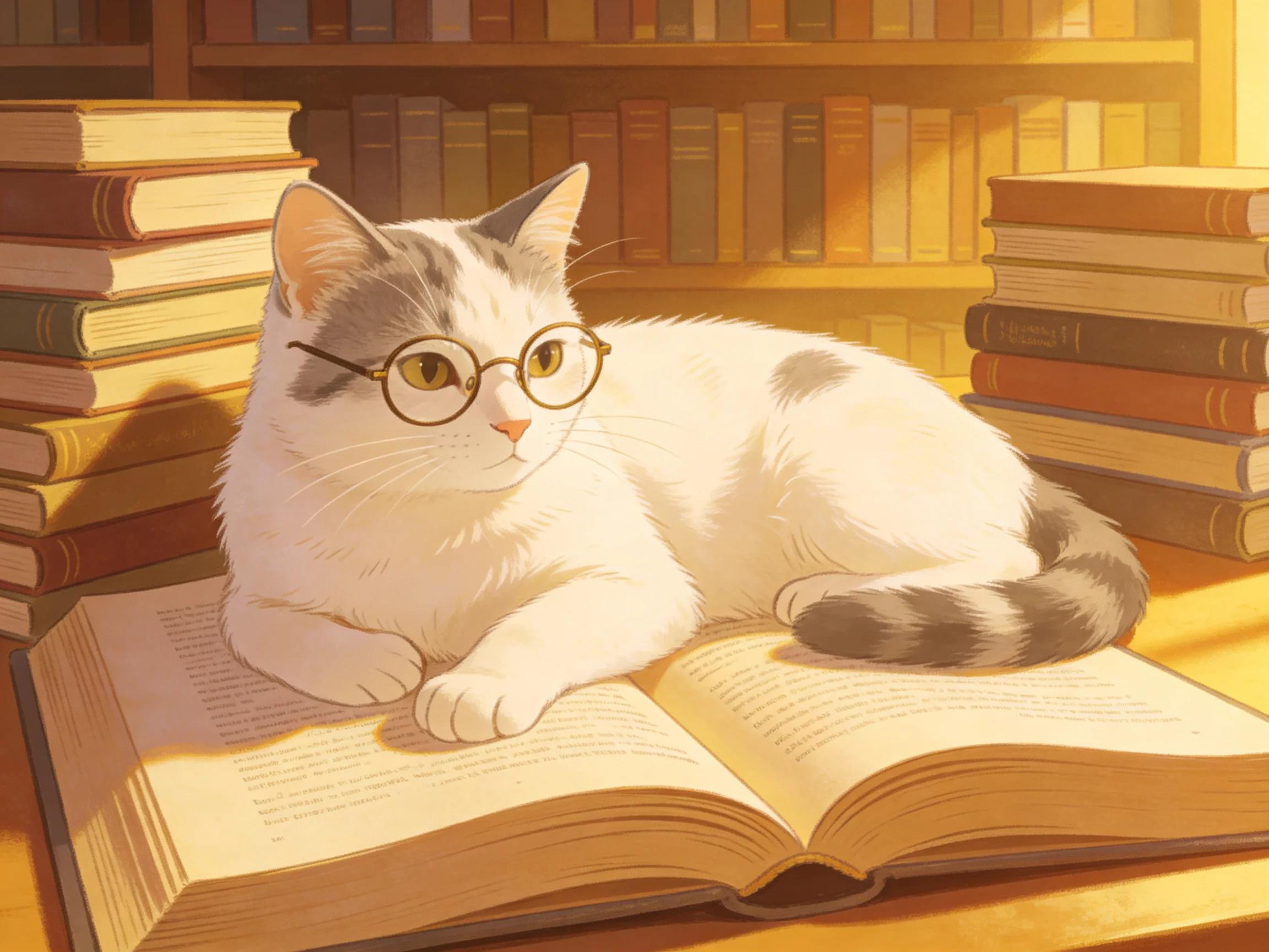 A white and gray cat with round glasses rests on an open book near stacked books