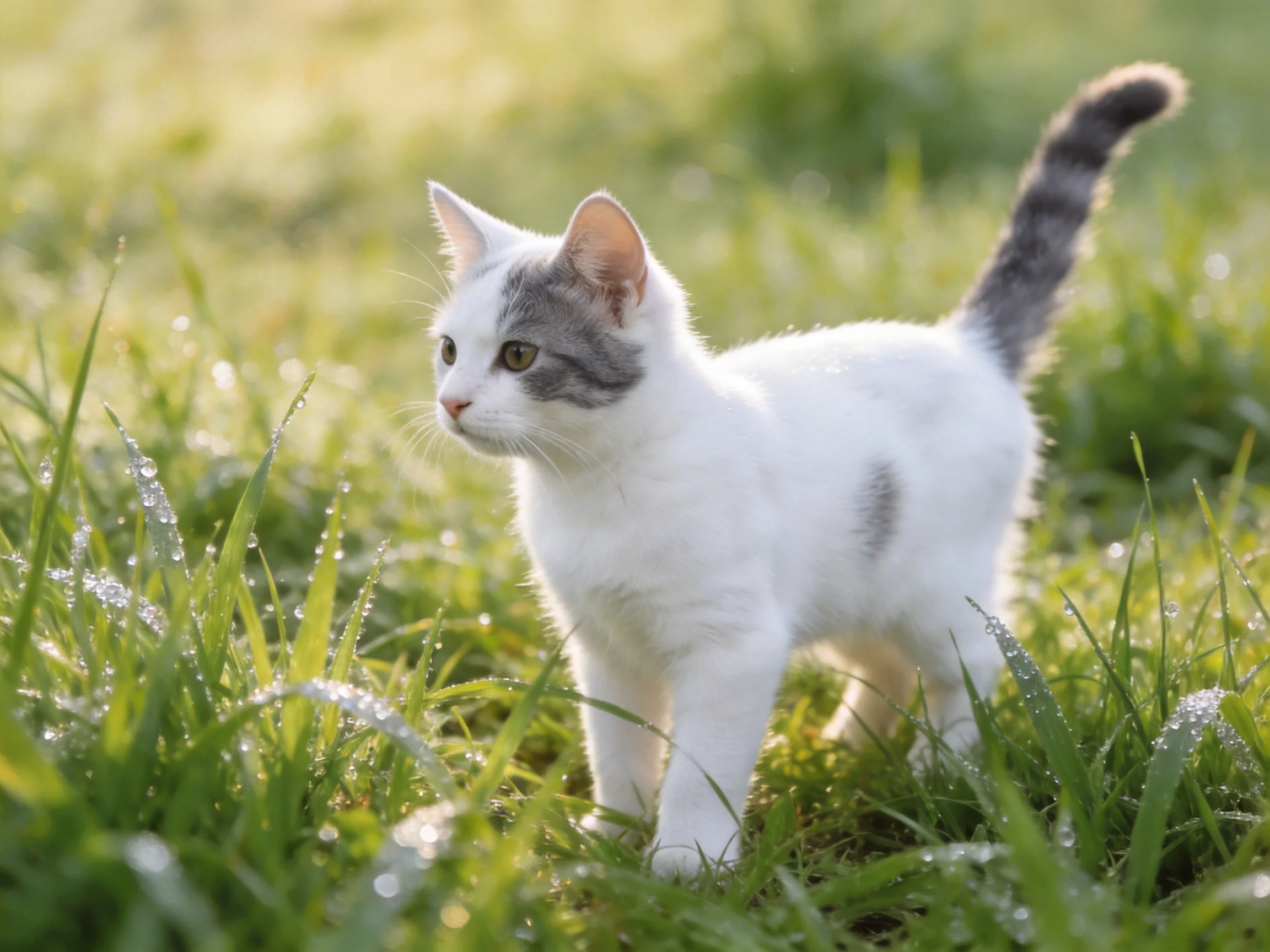 A white and gray kitten explores dewy green grass in soft morning light