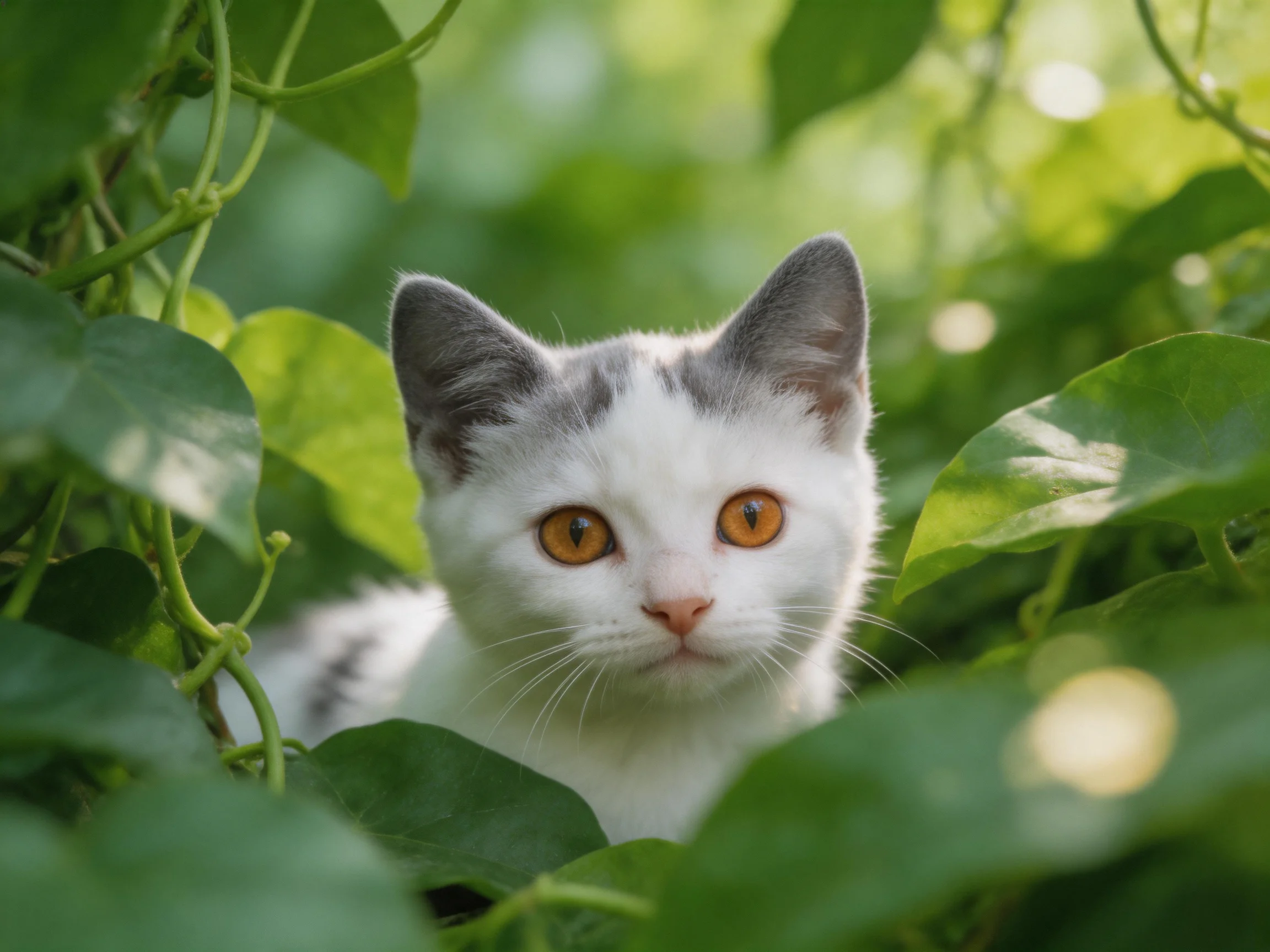 A white and gray kitten hides amid lush green foliage