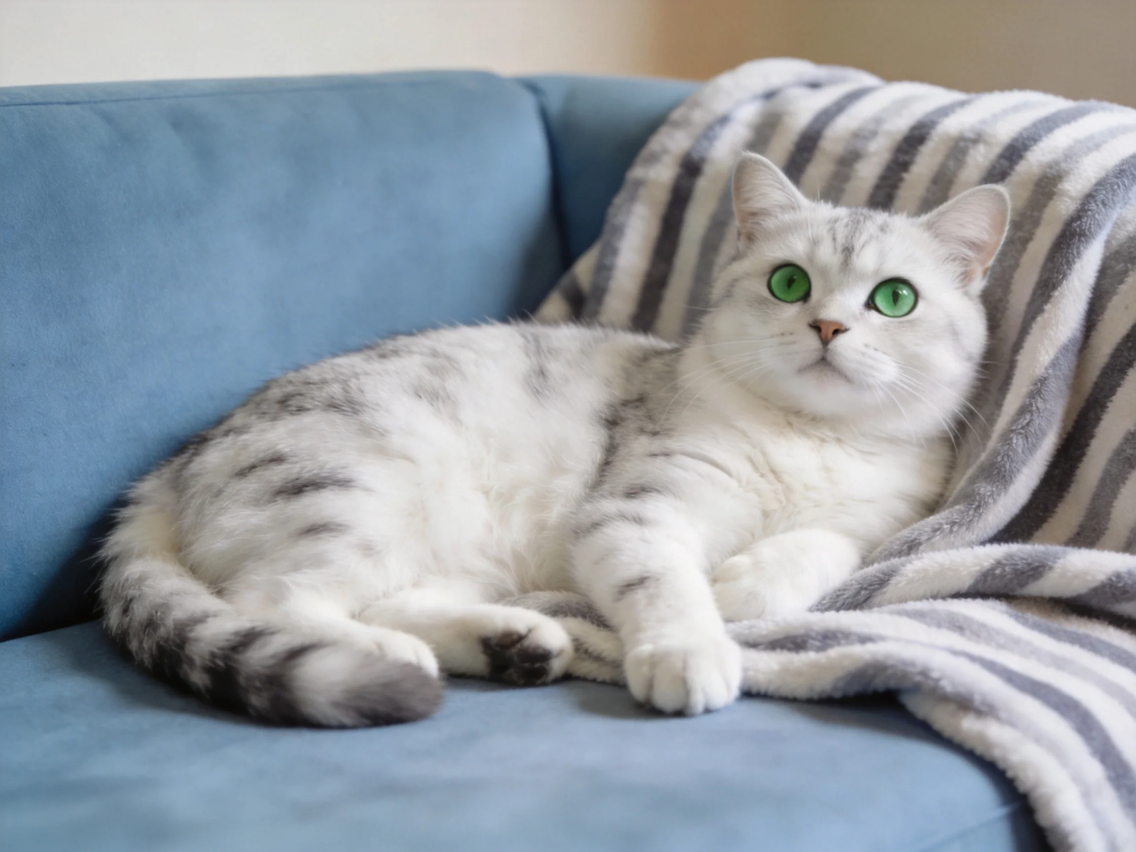 A white and gray spotted cat relaxes on a blue couch with a striped blanket