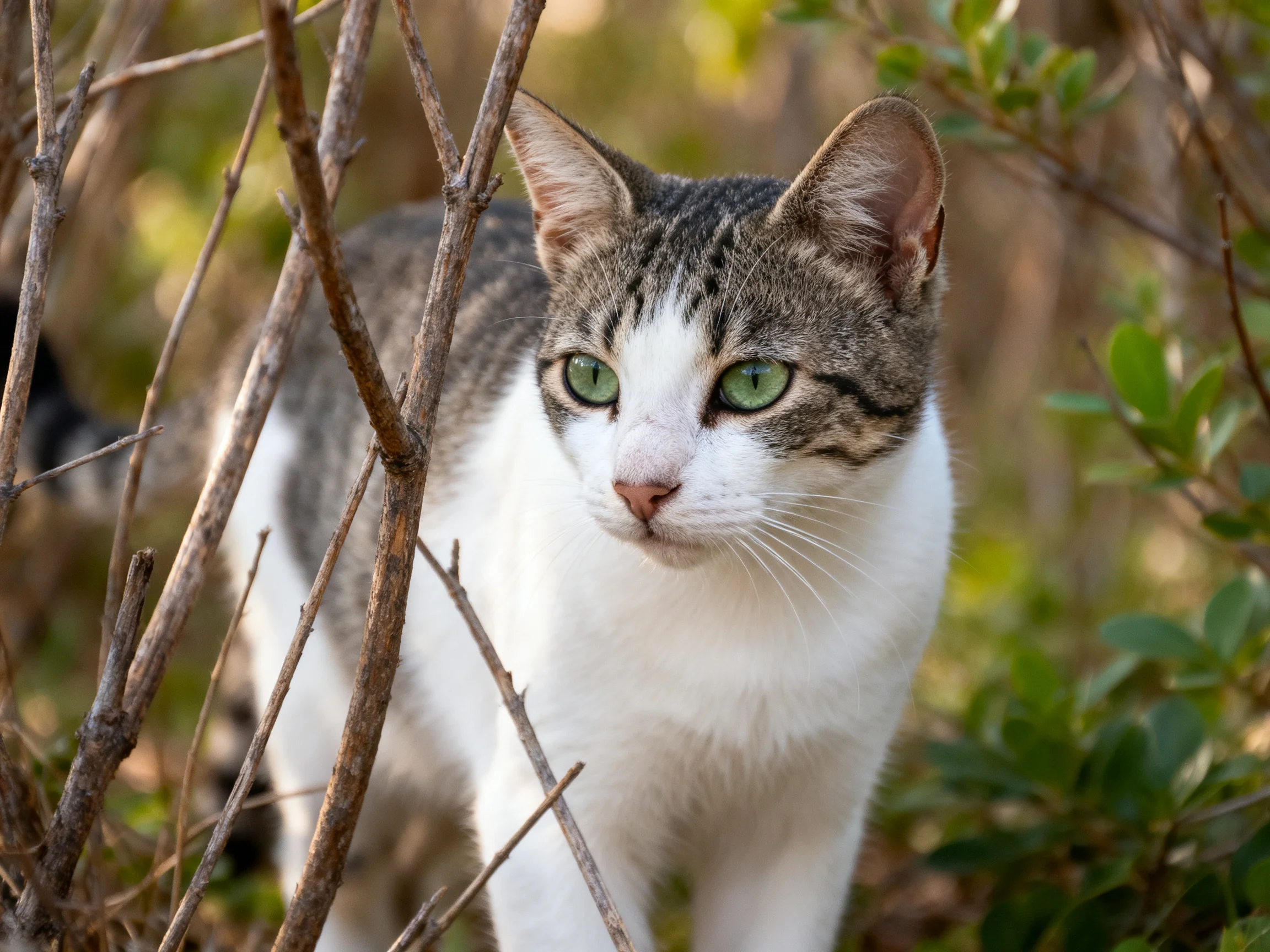 A white and gray tabby cat with green eyes is surrounded by dry branches in nature.