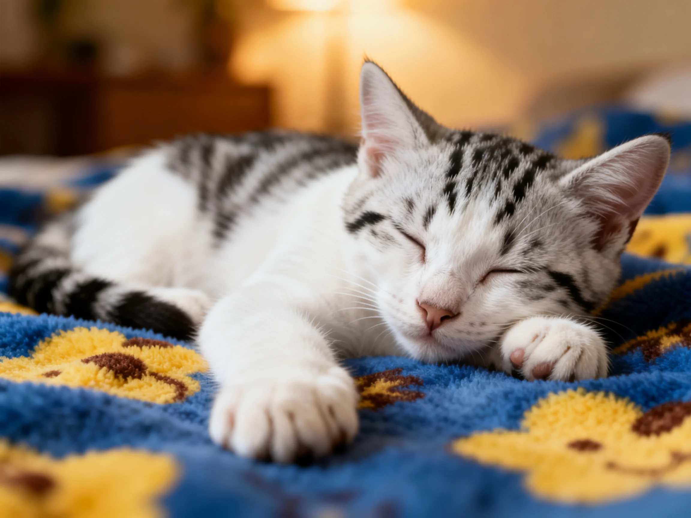 A white and gray tabby kitten sleeps on a blue blanket inside