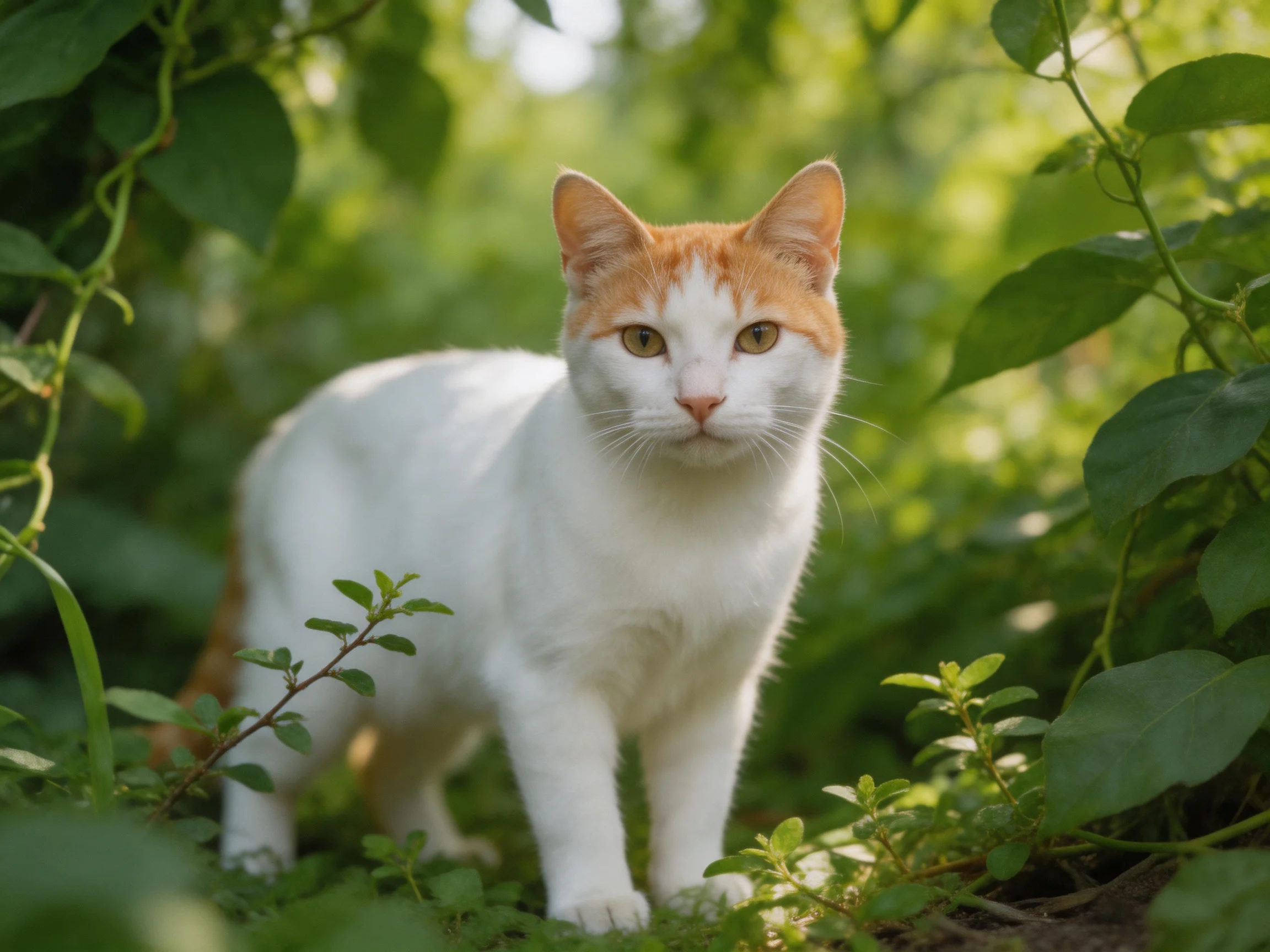 A white and orange cat stands in a sunlit area surrounded by dense green plants.