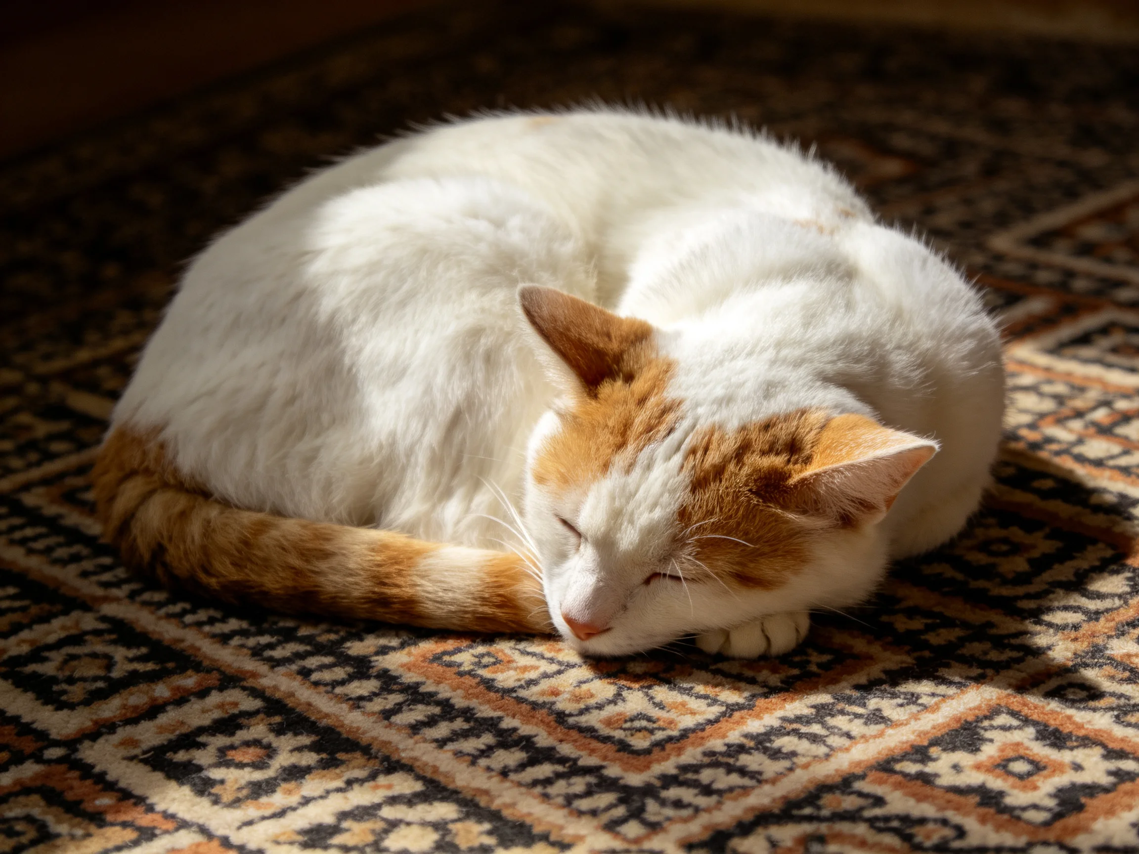 A white and orange cat curls up on a detailed patterned rug