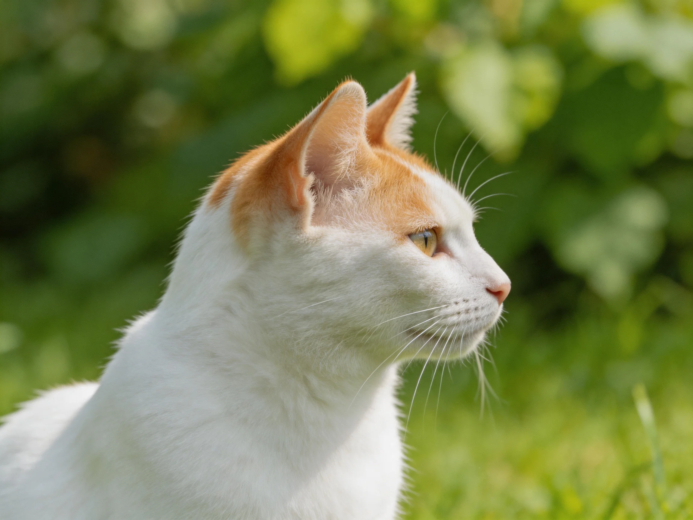 A white and orange cat gazes into the distance amidst lush green foliage
