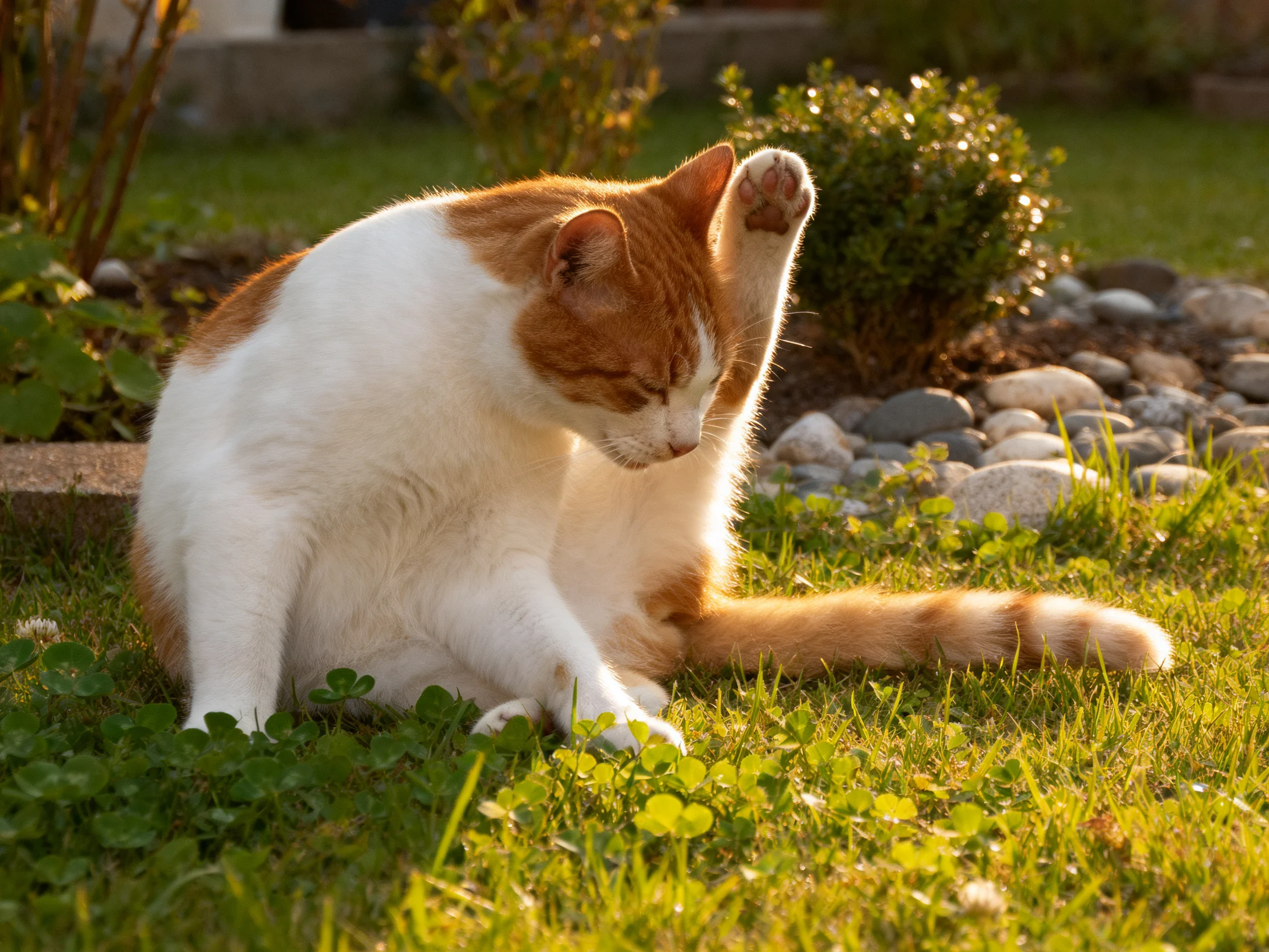 A white and orange cat grooms itself in a sunlit garden