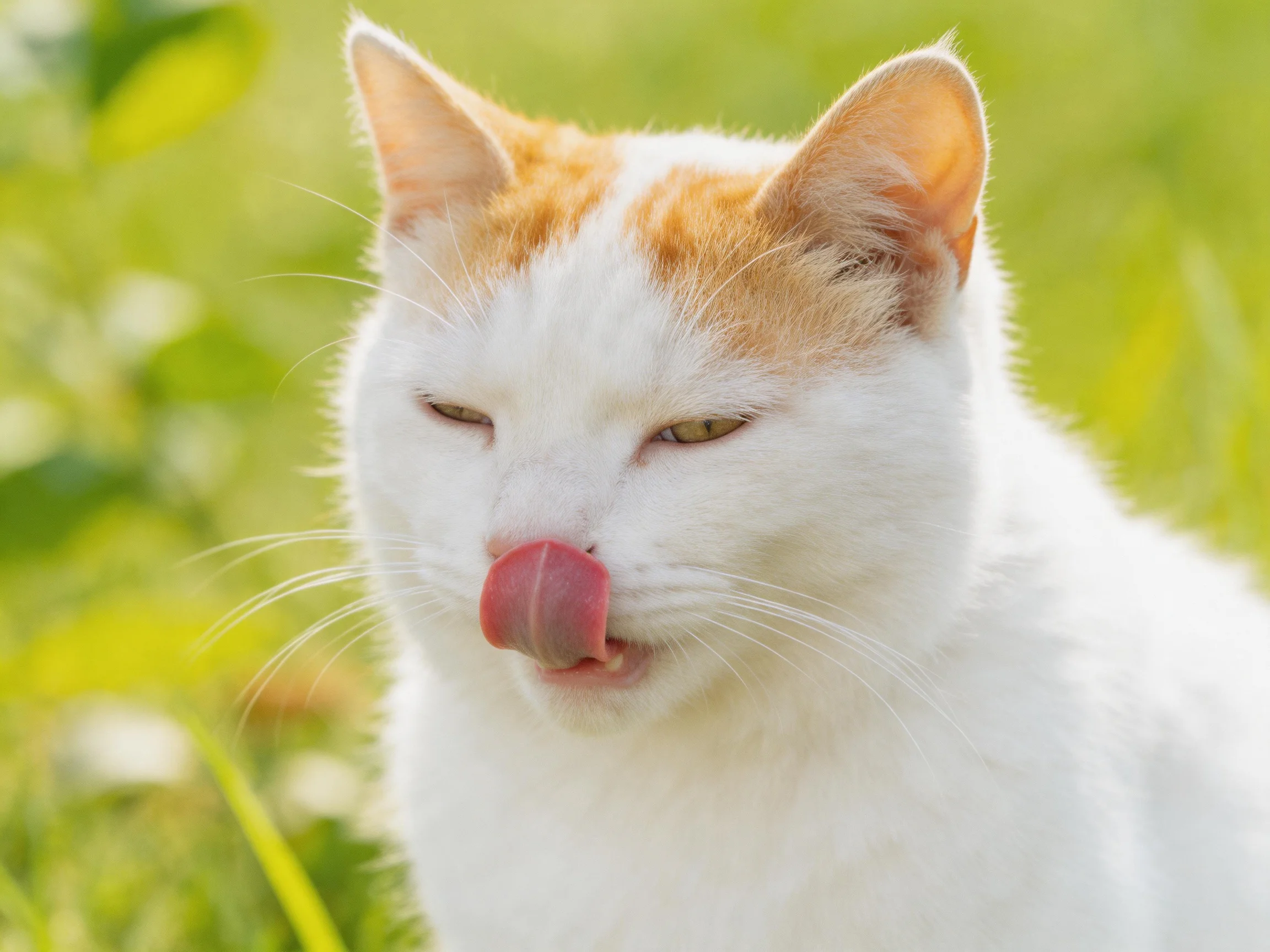 A white and orange cat licks its nose in a sunlit green outdoor setting
