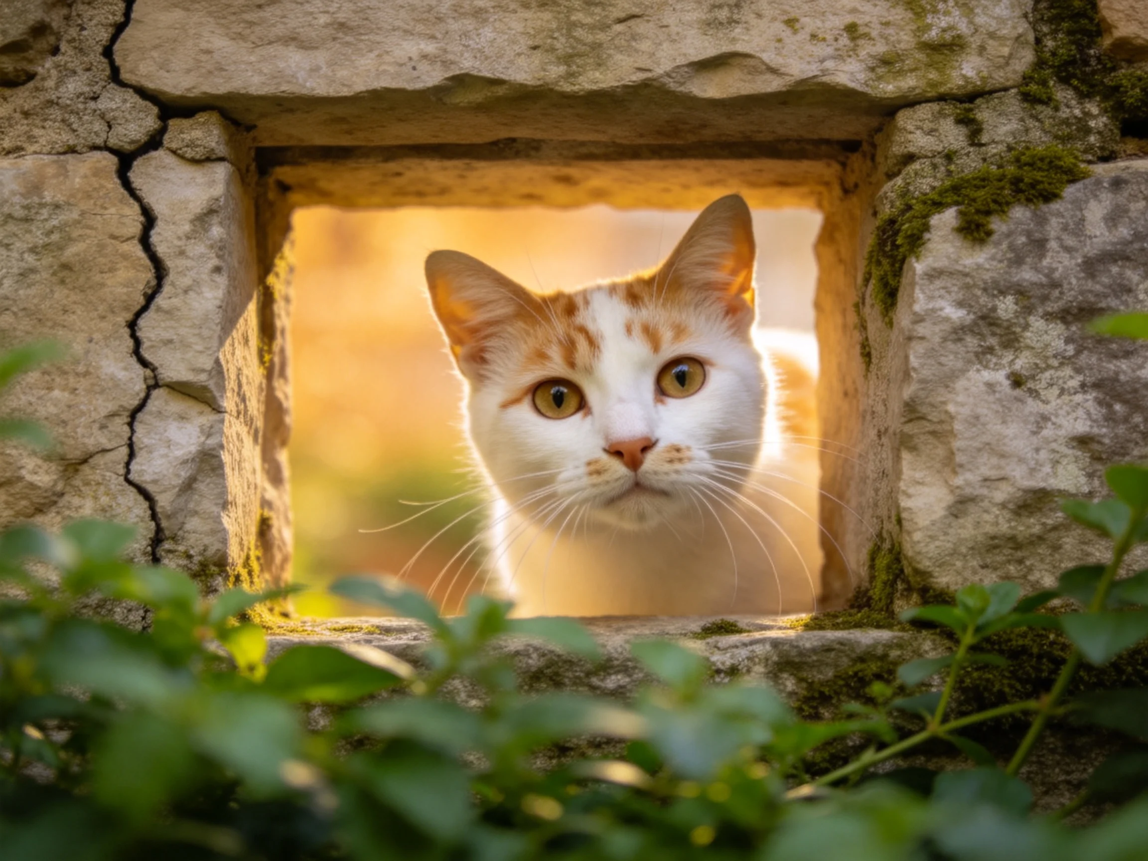 A white and orange cat looks through a weathered stone window with green plants