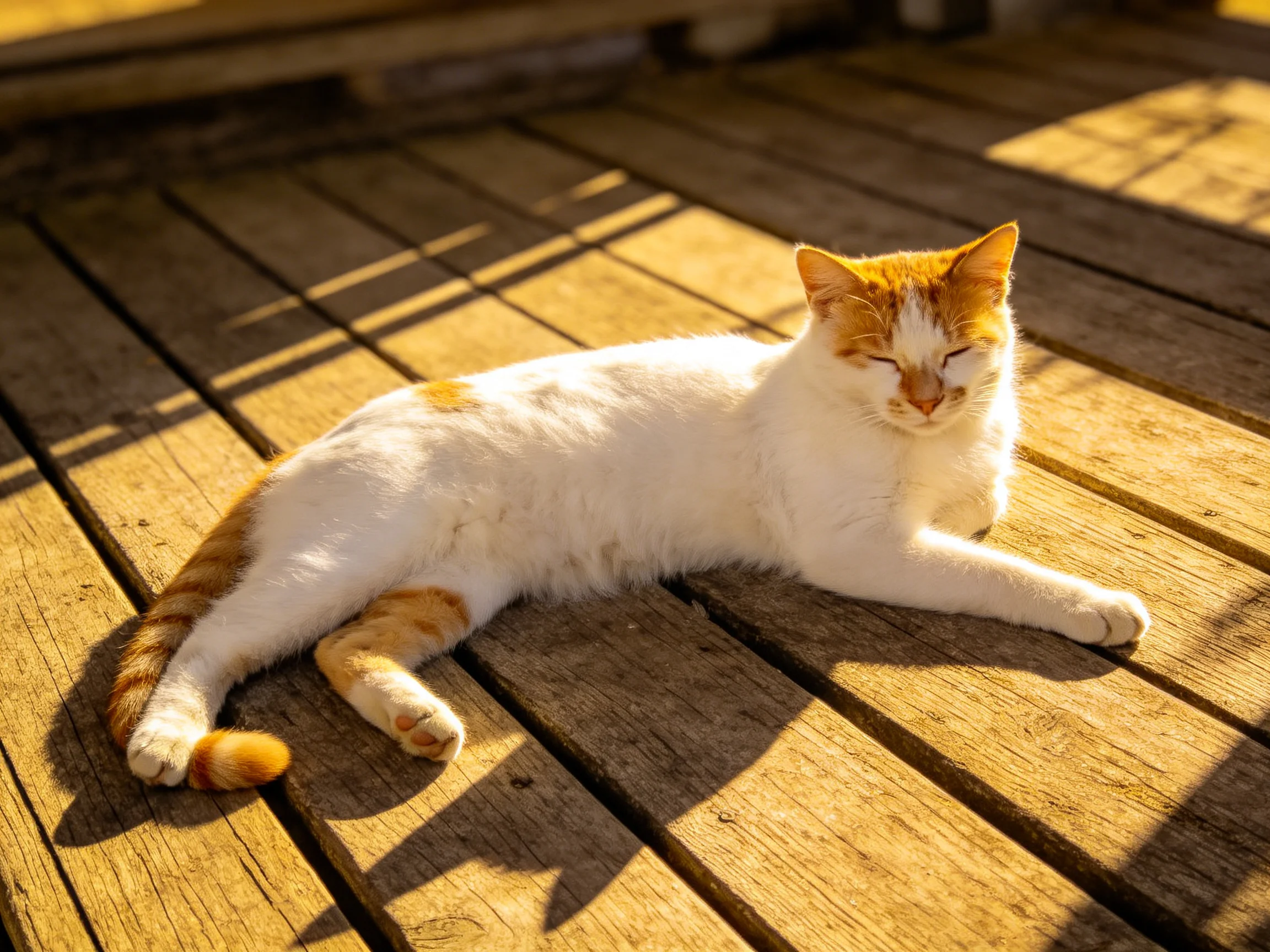 A white and orange cat relaxes on a sunlit wooden deck