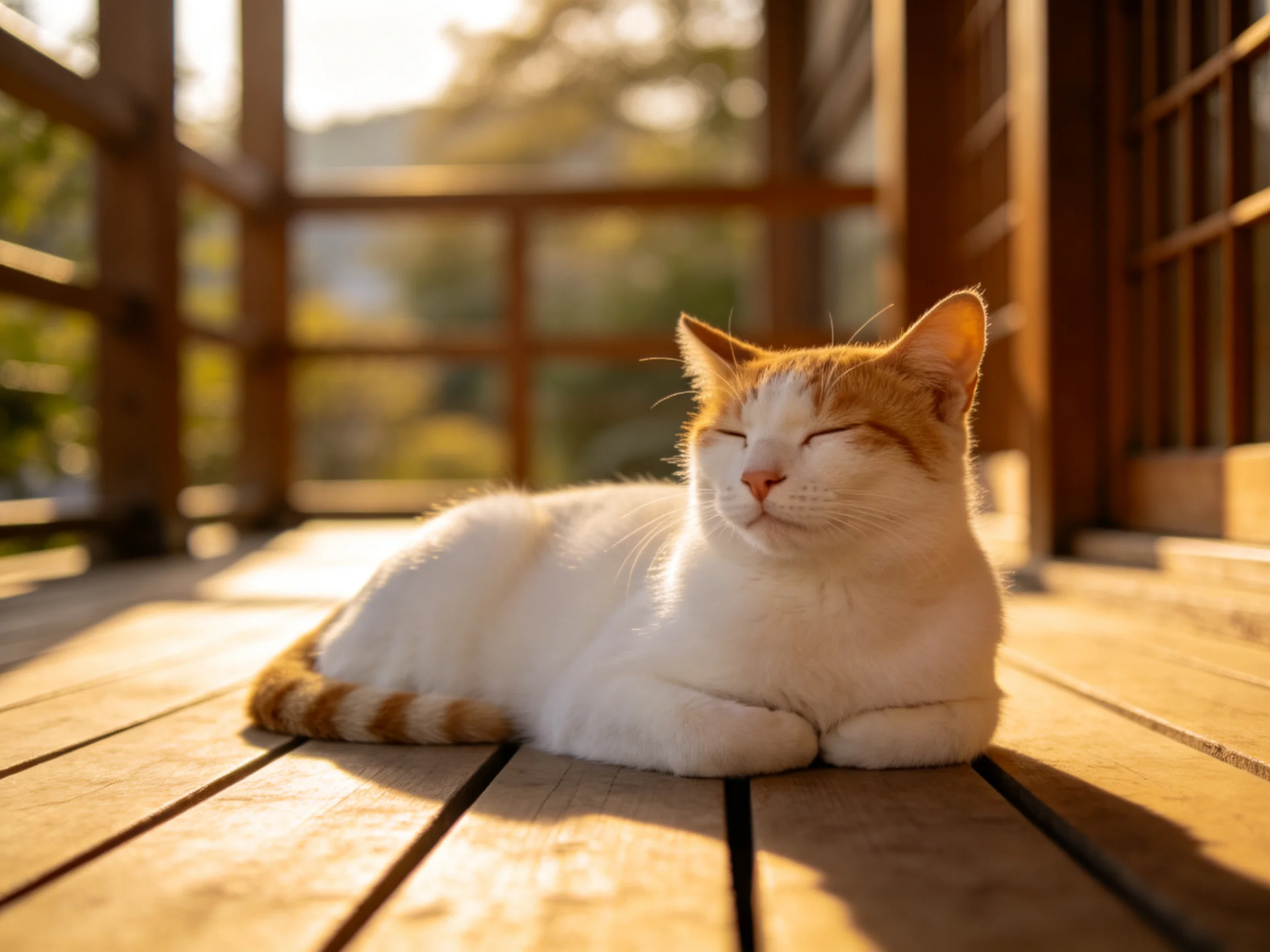 A white and orange cat rests on a sunlit wooden deck.