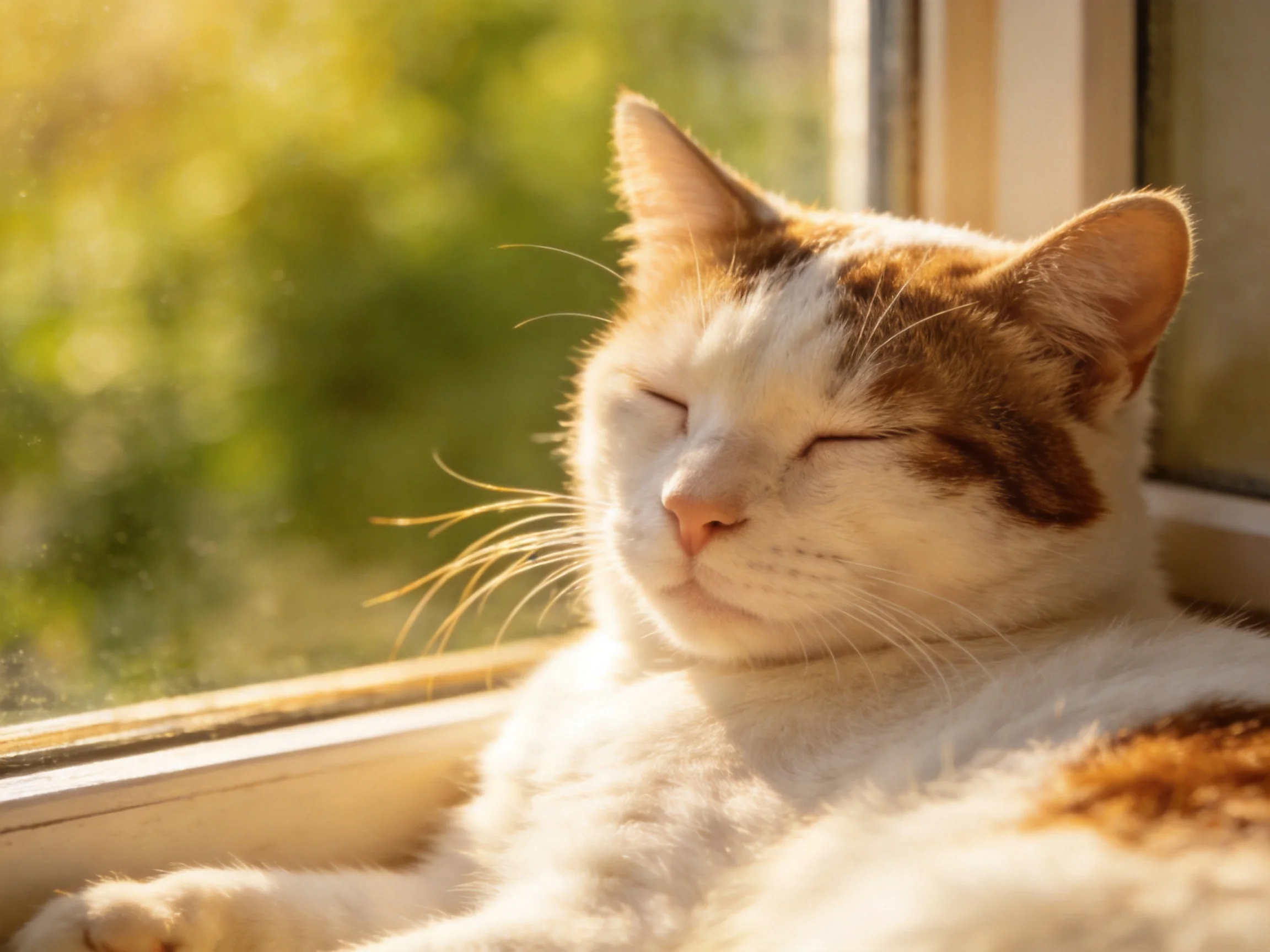 A white and brown cat relaxes in sunlight near a window