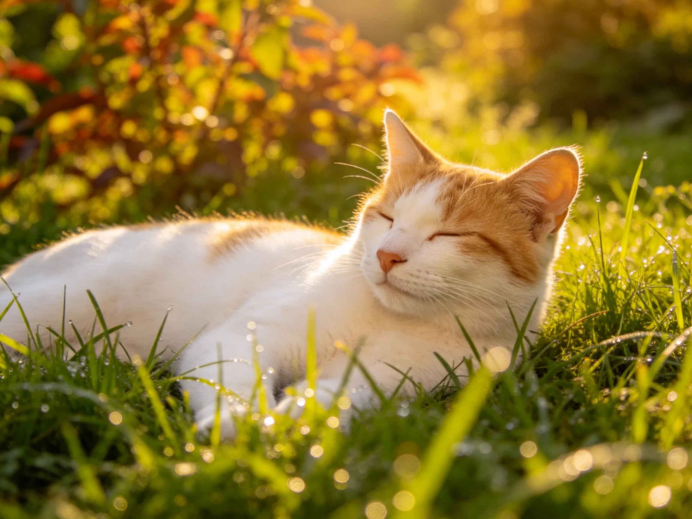 A white and orange cat naps on green grass under sunlight