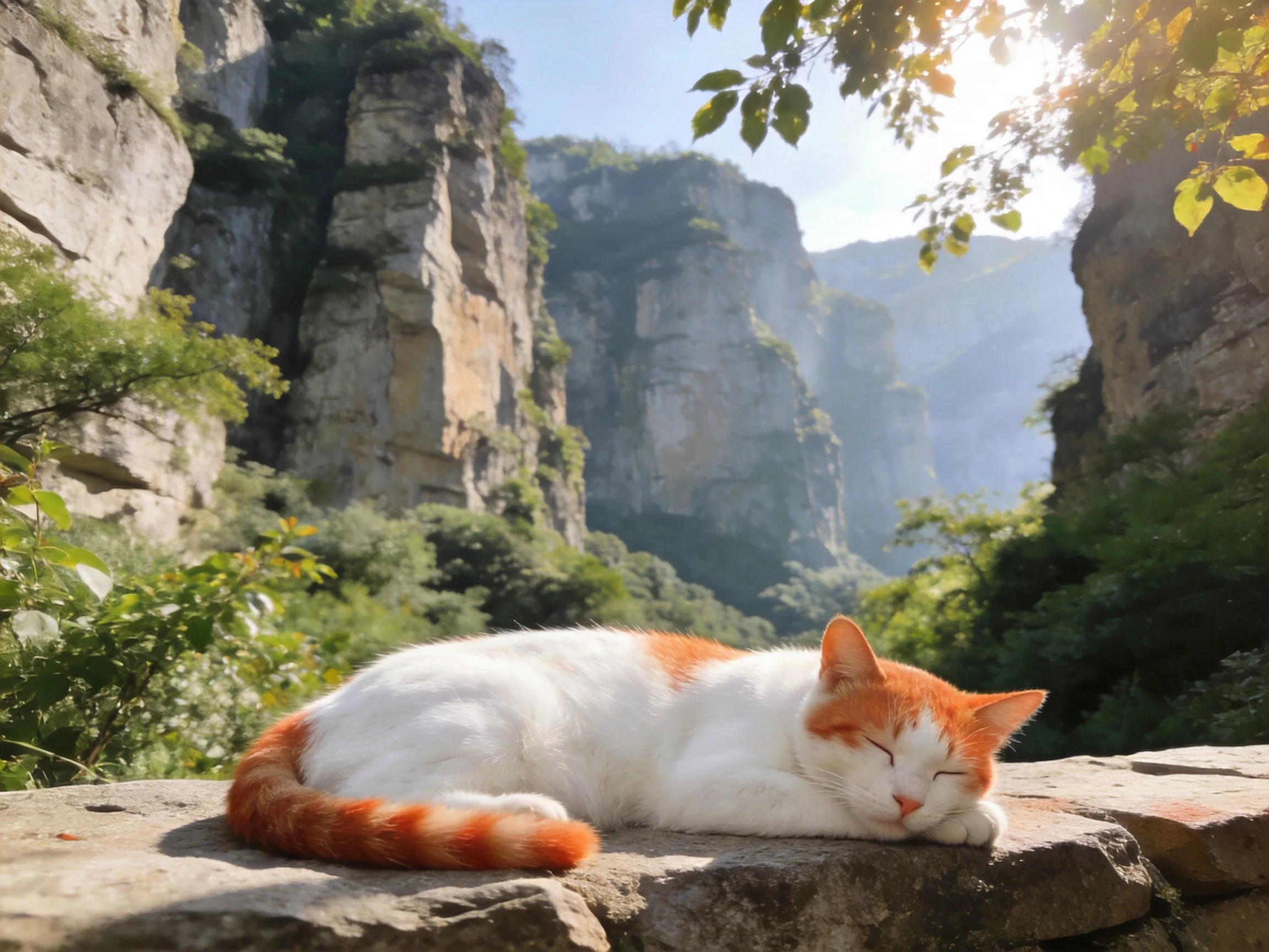 A white and orange cat naps on stone near towering cliffs