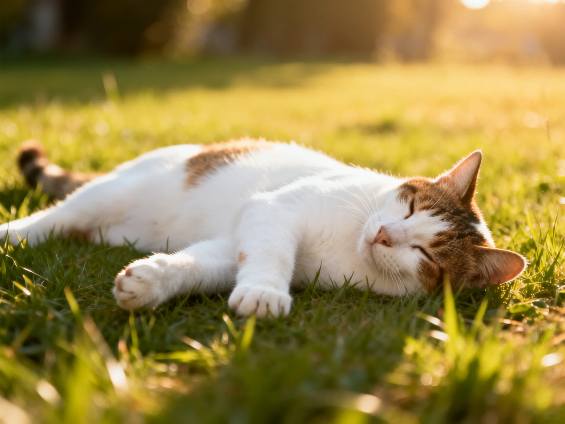 A white and orange cat naps on sun-drenched green grass