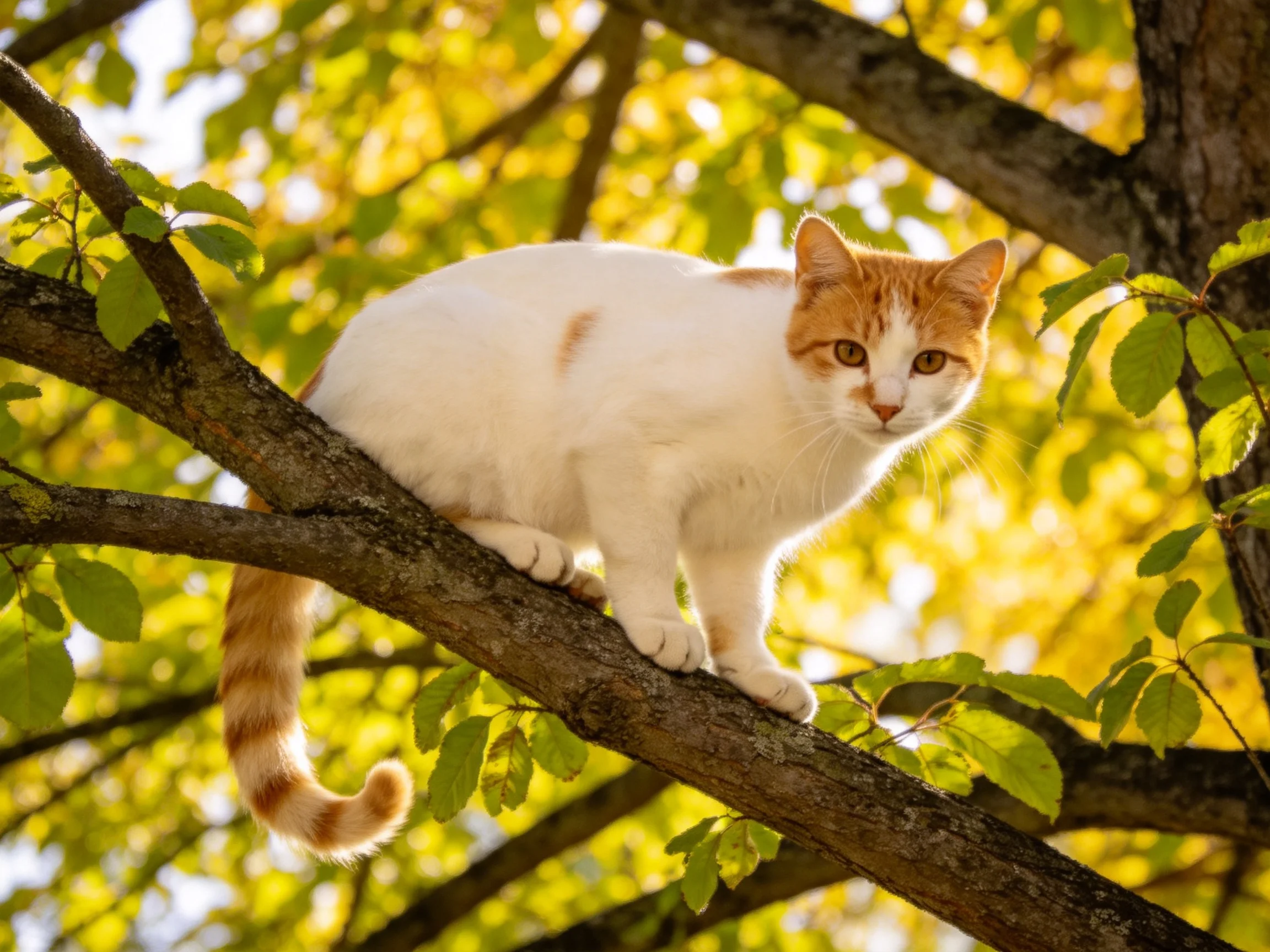 A white and orange cat sits on a tree branch surrounded by green leaves