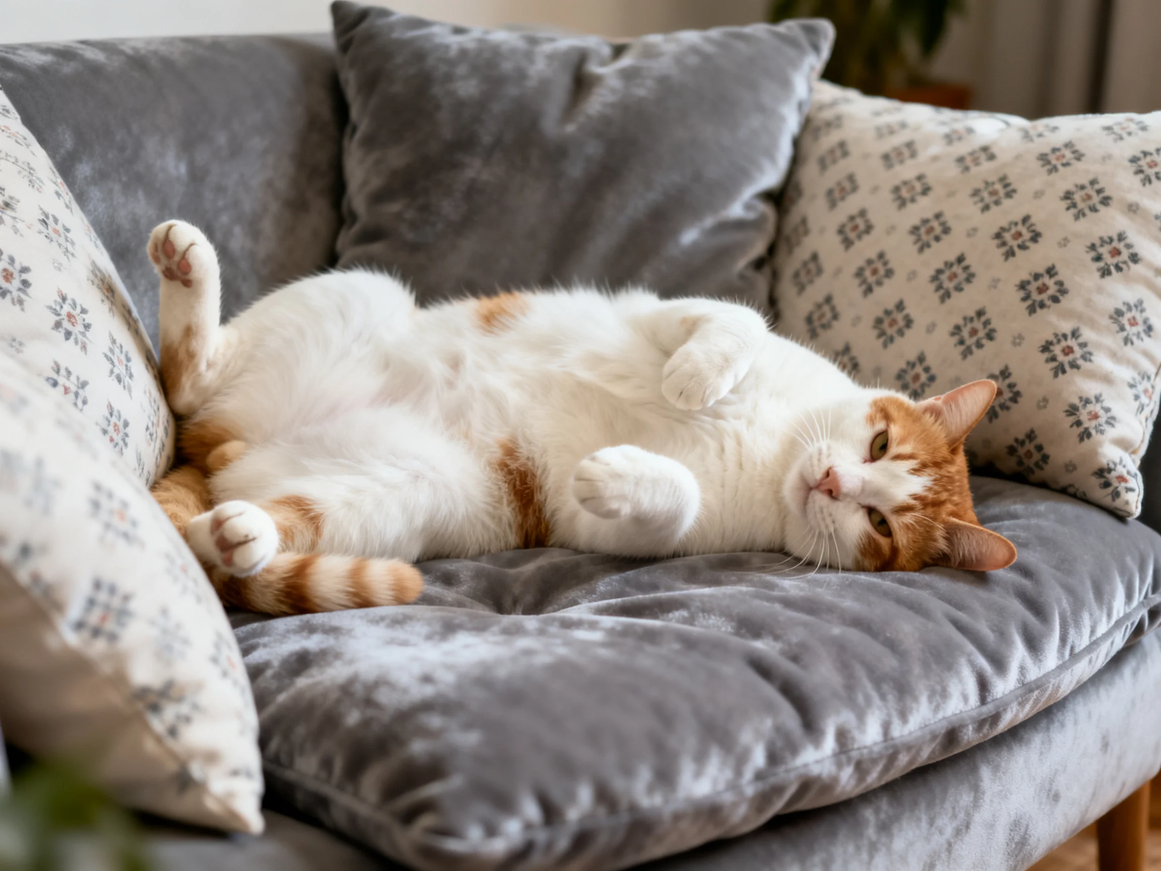 A white and orange cat lies comfortably on a plush gray couch amid decorative pillows.