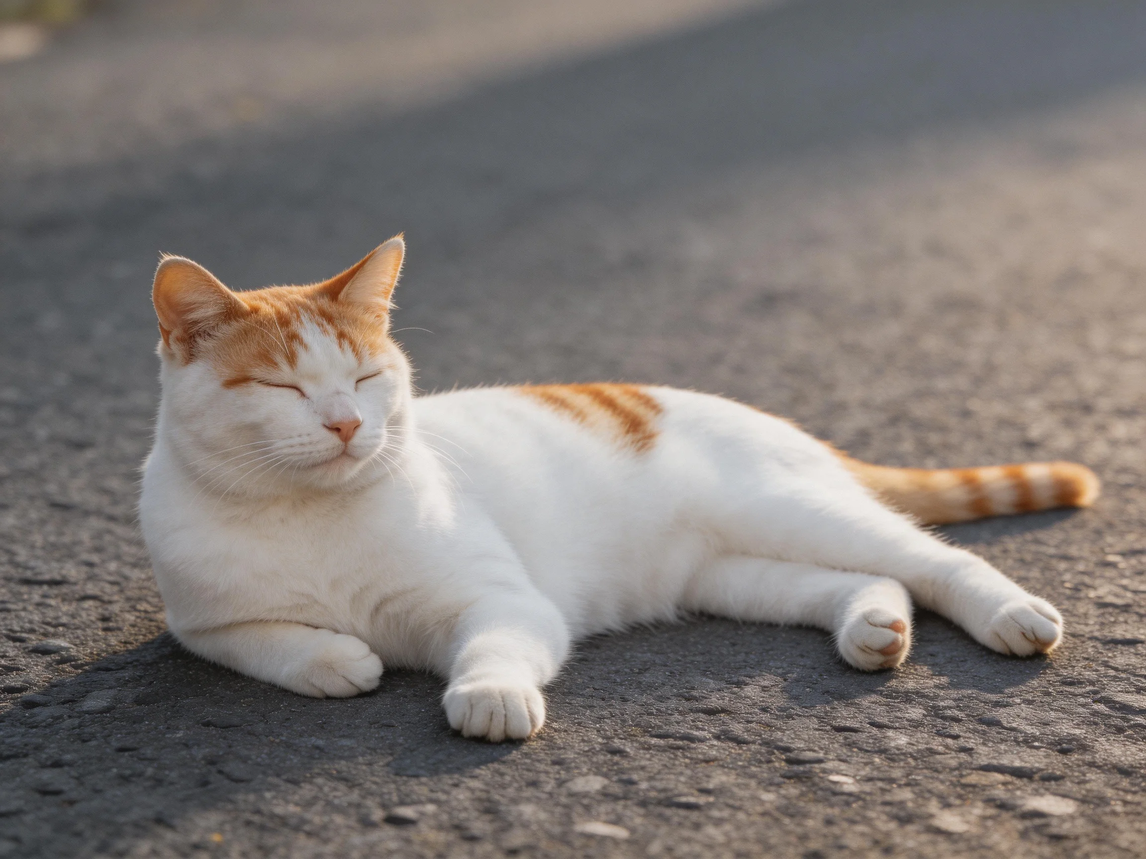 A white and orange cat relaxes on smooth asphalt under warm sunlight