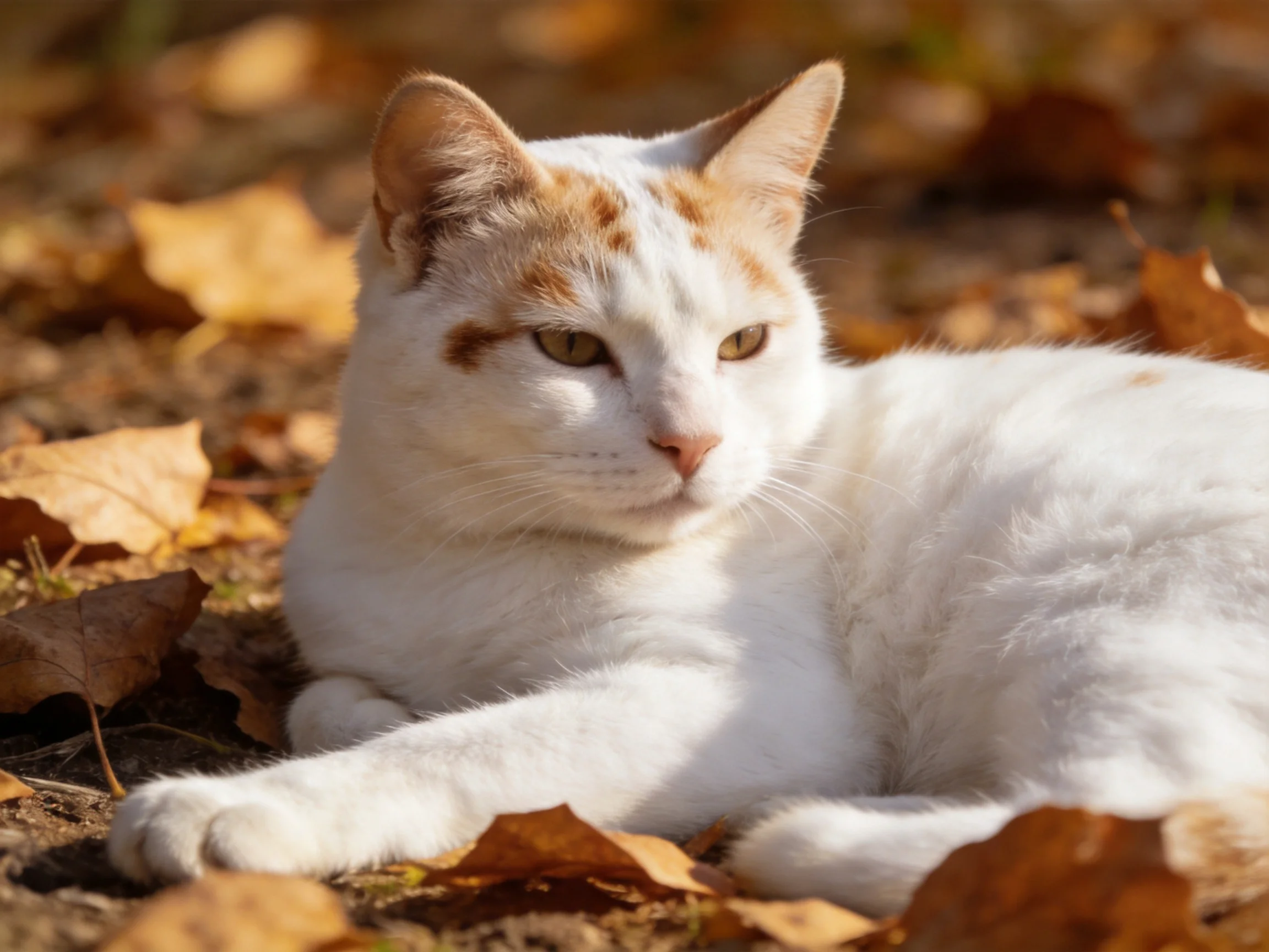 A white and orange cat relaxes among autumn leaves in bright sunlight.