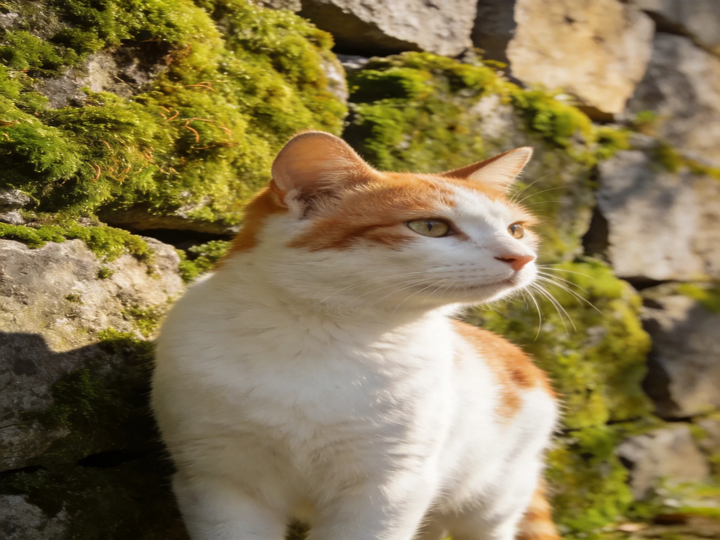 A white and orange cat rests against a moss-draped stone wall