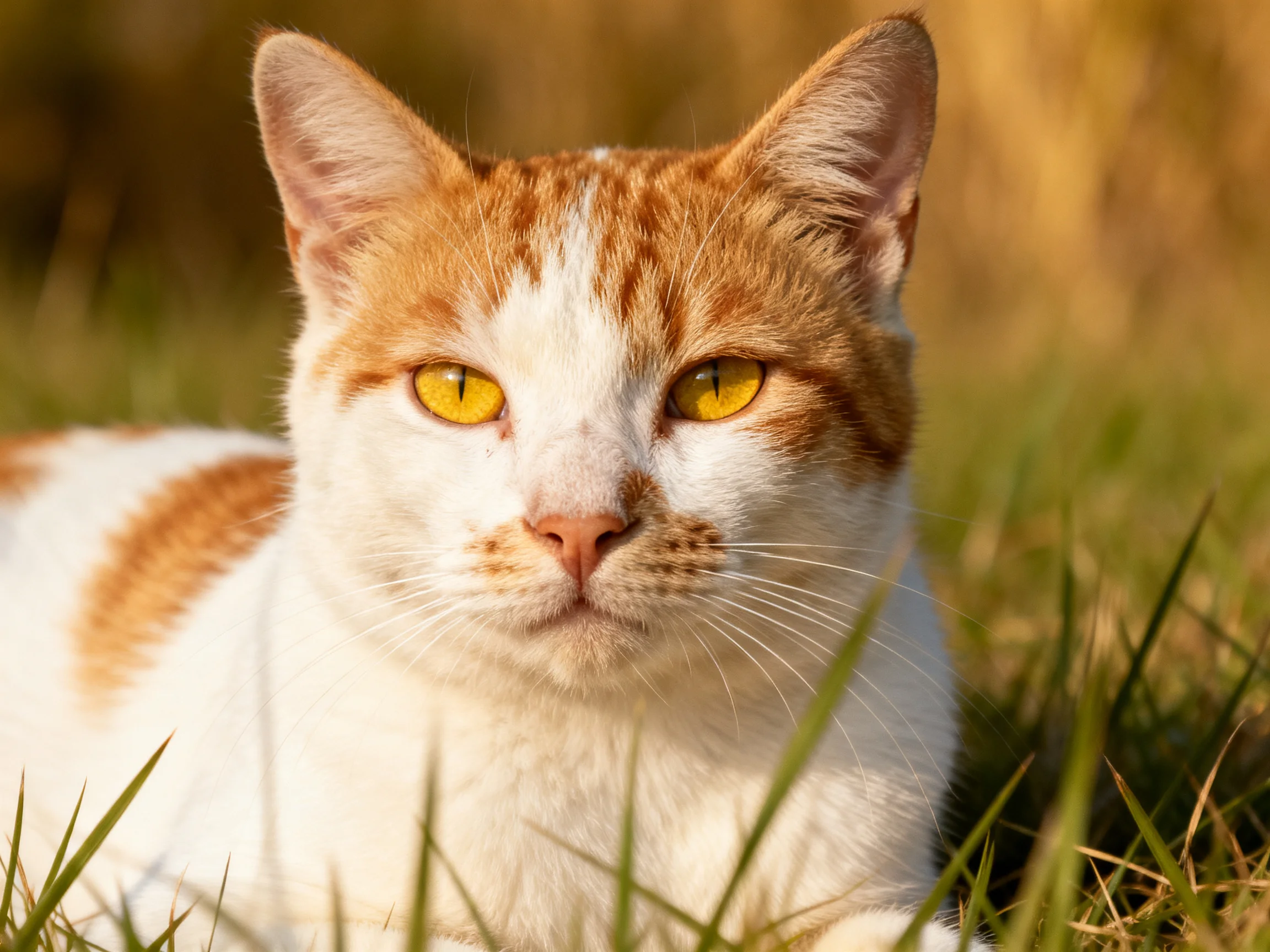 A white and orange cat rests in sun-drenched grass.