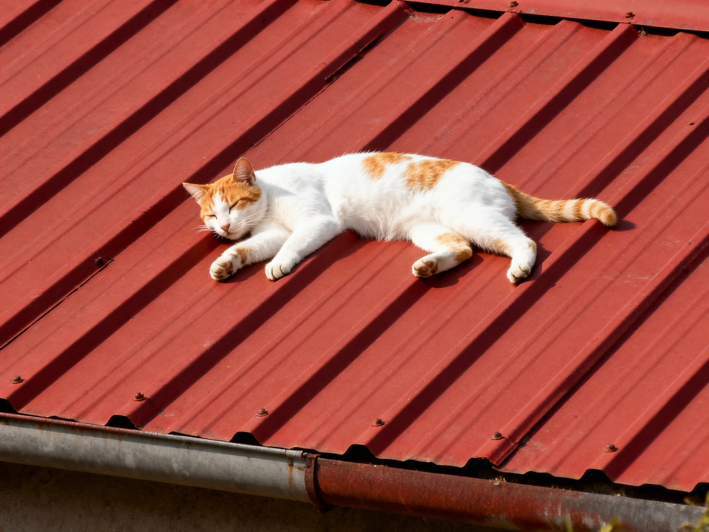 A white and orange cat relaxes on a red corrugated metal roof.
